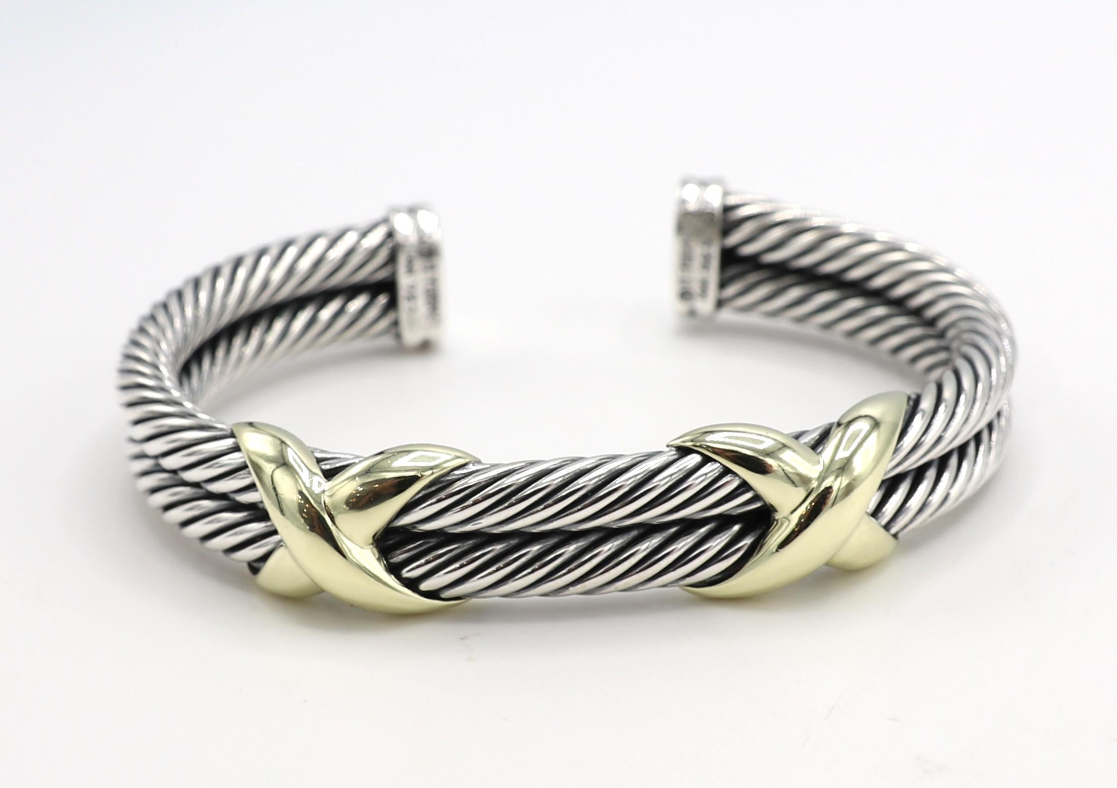 David Yurman Sterling Silber & Gold Doppelkabel X Armspange Armband (Moderne)