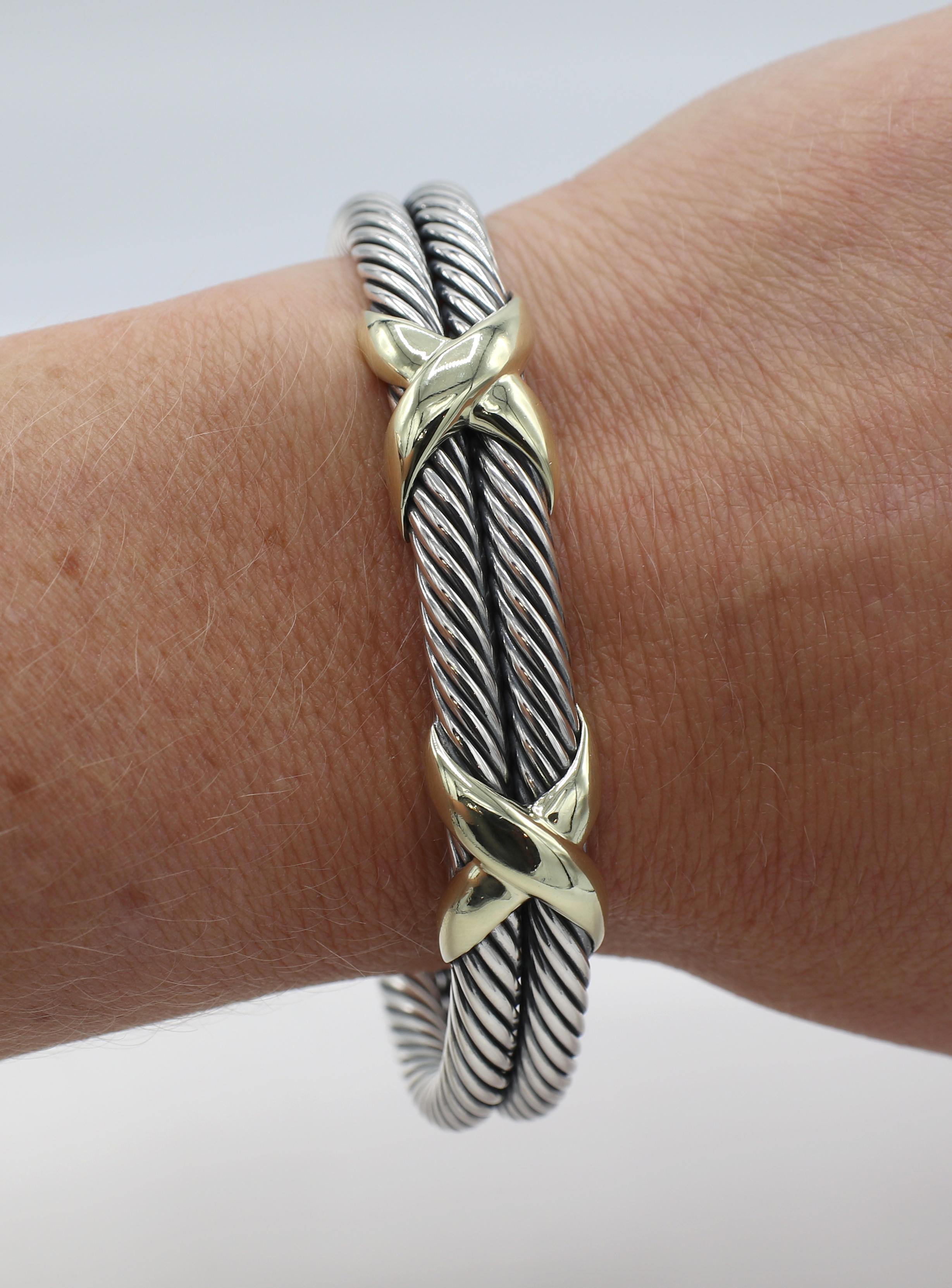 David Yurman Sterling Silver & Gold Double Cable X Cuff Bangle Bracelet  In Excellent Condition In  Baltimore, MD
