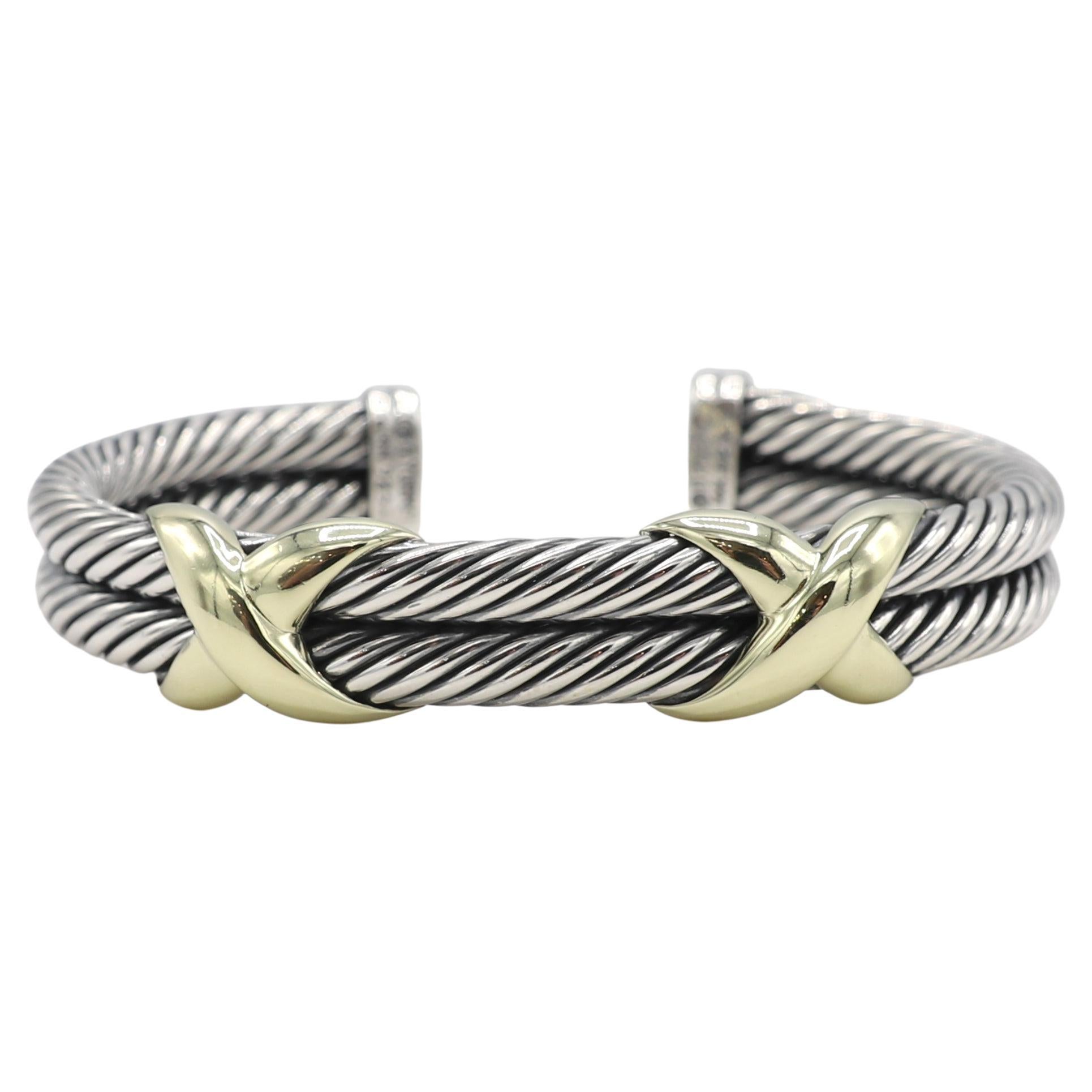 David Yurman Sterling Silver & Gold Double Cable X Cuff Bangle Bracelet 