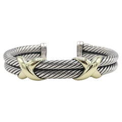 David Yurman Sterling Silver & Gold Double Cable X Cuff Bangle Bracelet 
