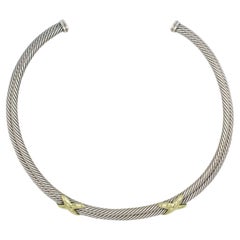 David Yurman Sterling Silver & Gold Double Row Cable X Collar Necklace