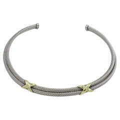 David Yurman Sterling Silver & Gold Double Row Cable X Collar Necklace