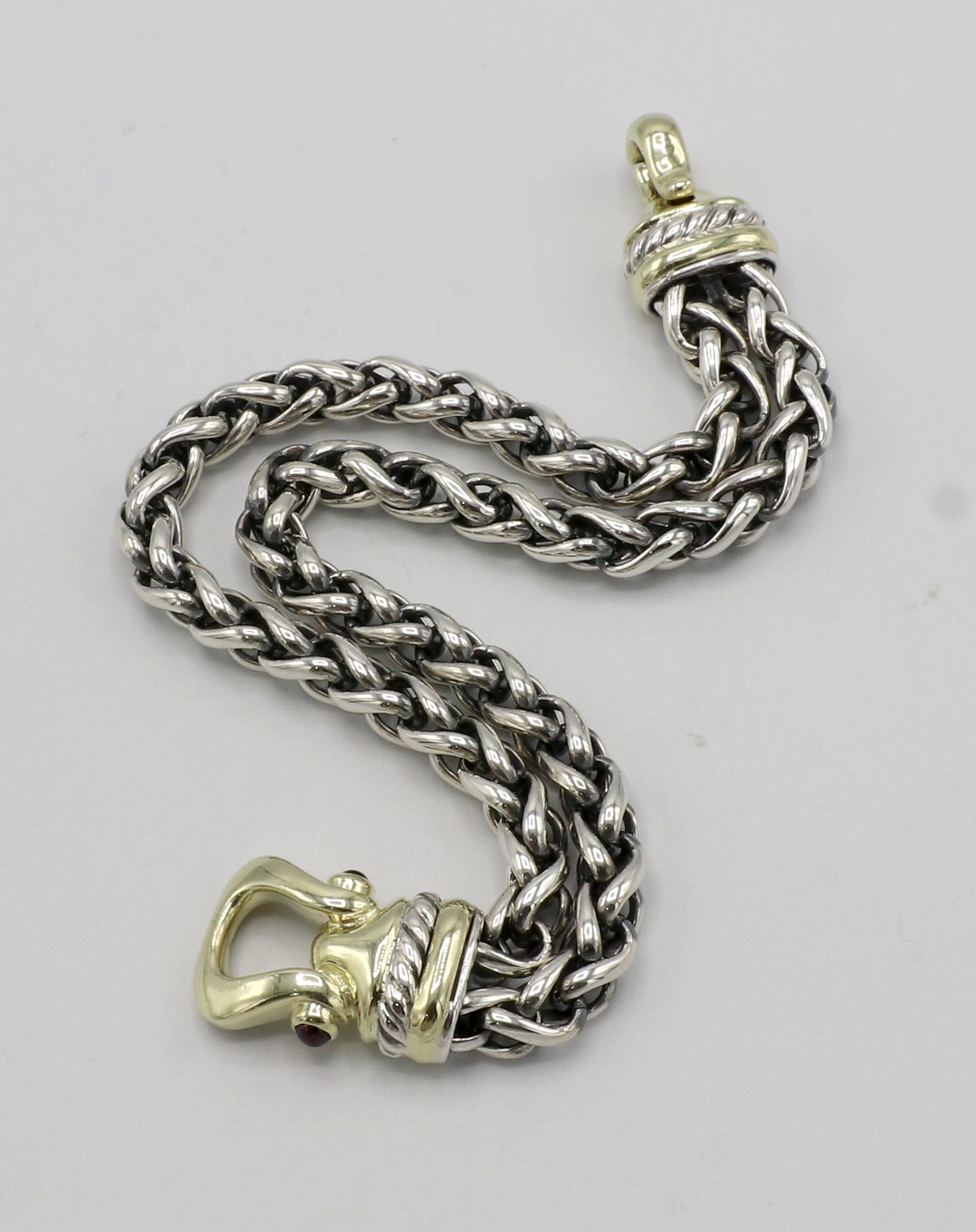 Modern David Yurman Sterling Silver & Gold Double Wheat Chain Buckle Bracelet