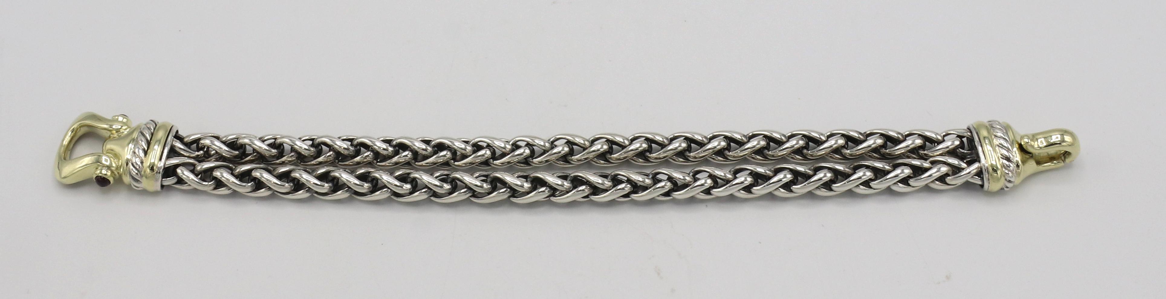 David Yurman Sterling Silver & Gold Double Wheat Chain Buckle Bracelet In Excellent Condition In  Baltimore, MD