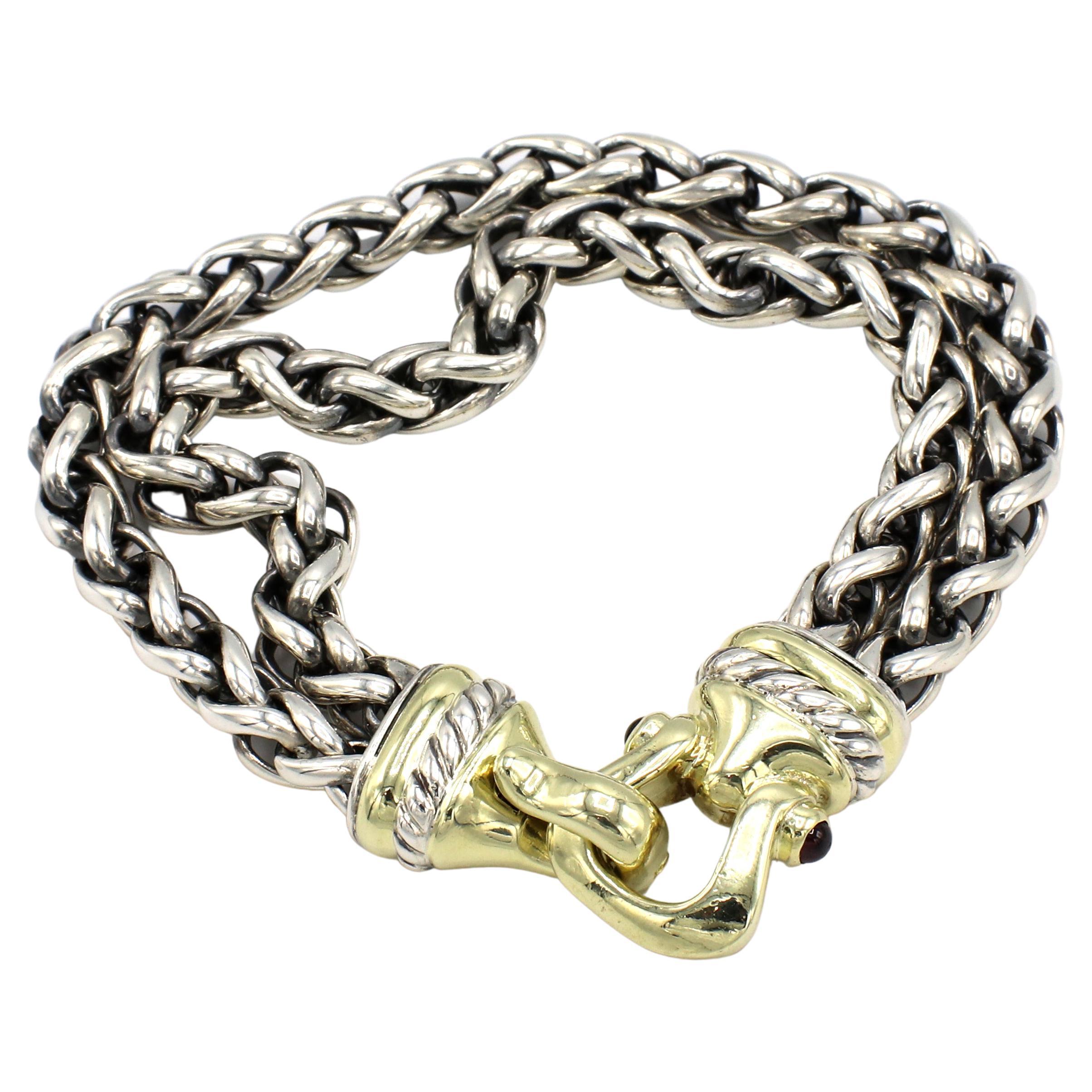 David Yurman Sterling Silver & Gold Double Wheat Chain Buckle Bracelet