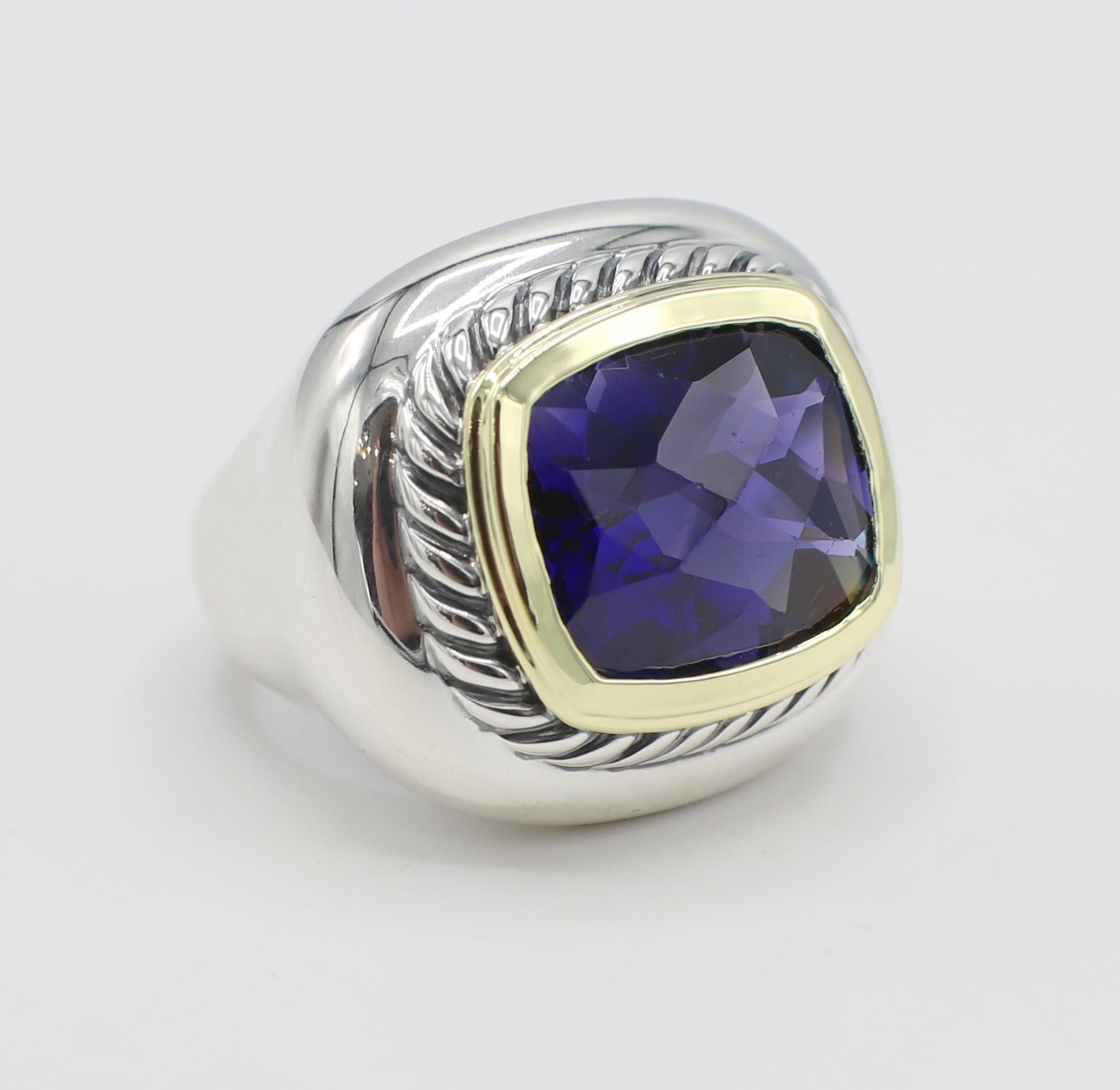 David Yurman Sterling Silver & Gold Iolite Cocktail Ring 
Metal: Sterling silver & 14k yellow gold
Weight: 15.8 grams
Top: 21 x 24mm
Size: 6.5 (US)
