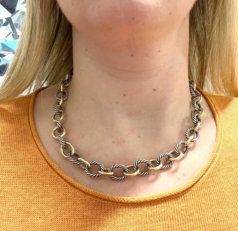 David Yurman Sterling Silver Gold Two Tone Cable Oval Link Chain Necklace