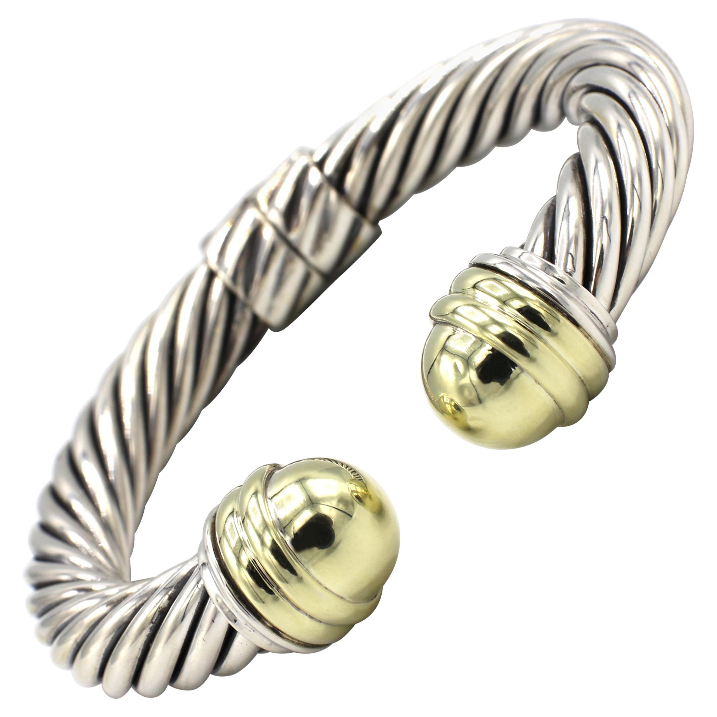 David Yurman Sterling Silver Hinged Cable Classics Bracelet with Gold Domes
