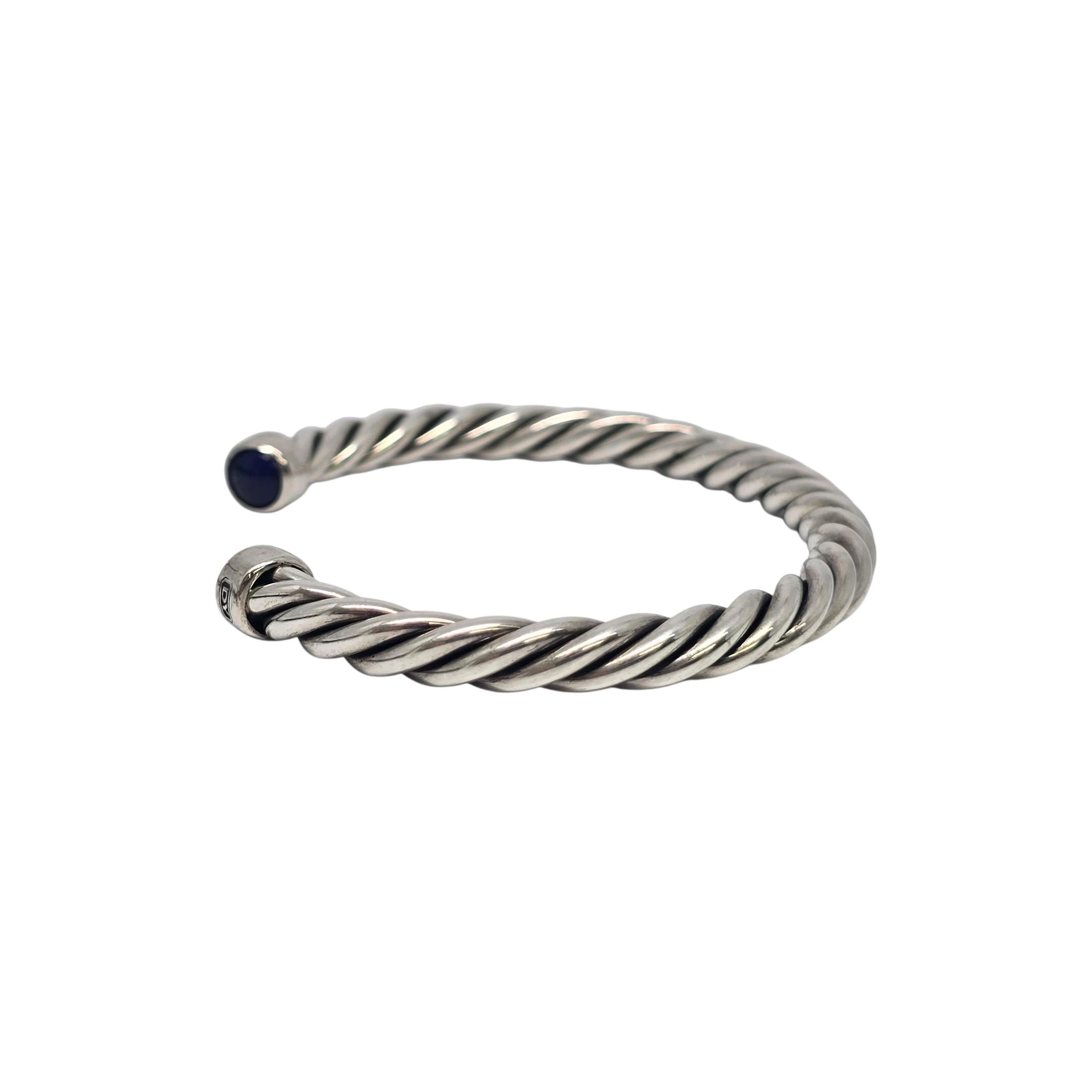 David Yurman Sterling Silver Lapis Lazuli Mens Cable Cuff Bracelet #22234 In Good Condition For Sale In Washington Depot, CT