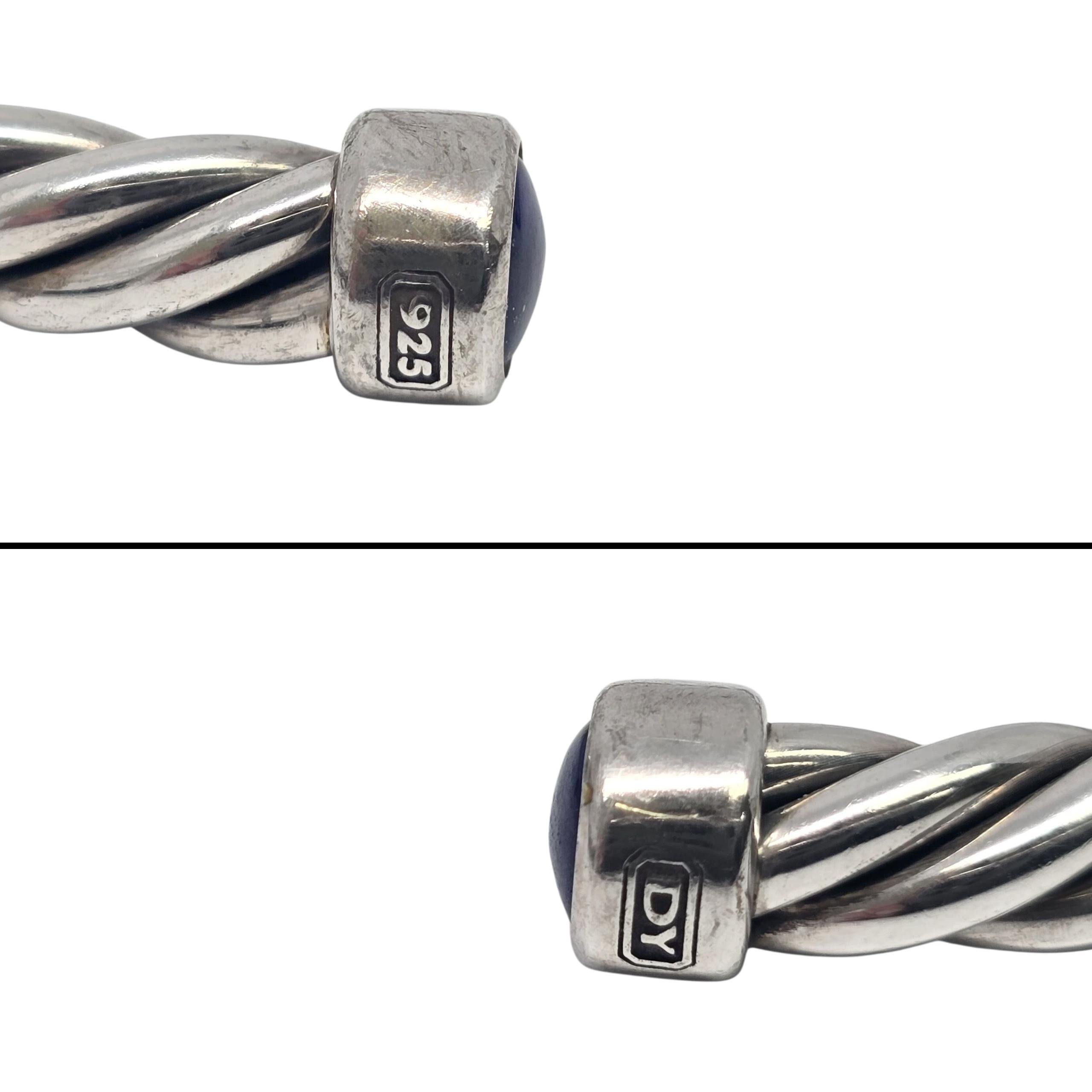 David Yurman Sterling Silver Lapis Lazuli Mens Cable Cuff Bracelet #22234 For Sale 2