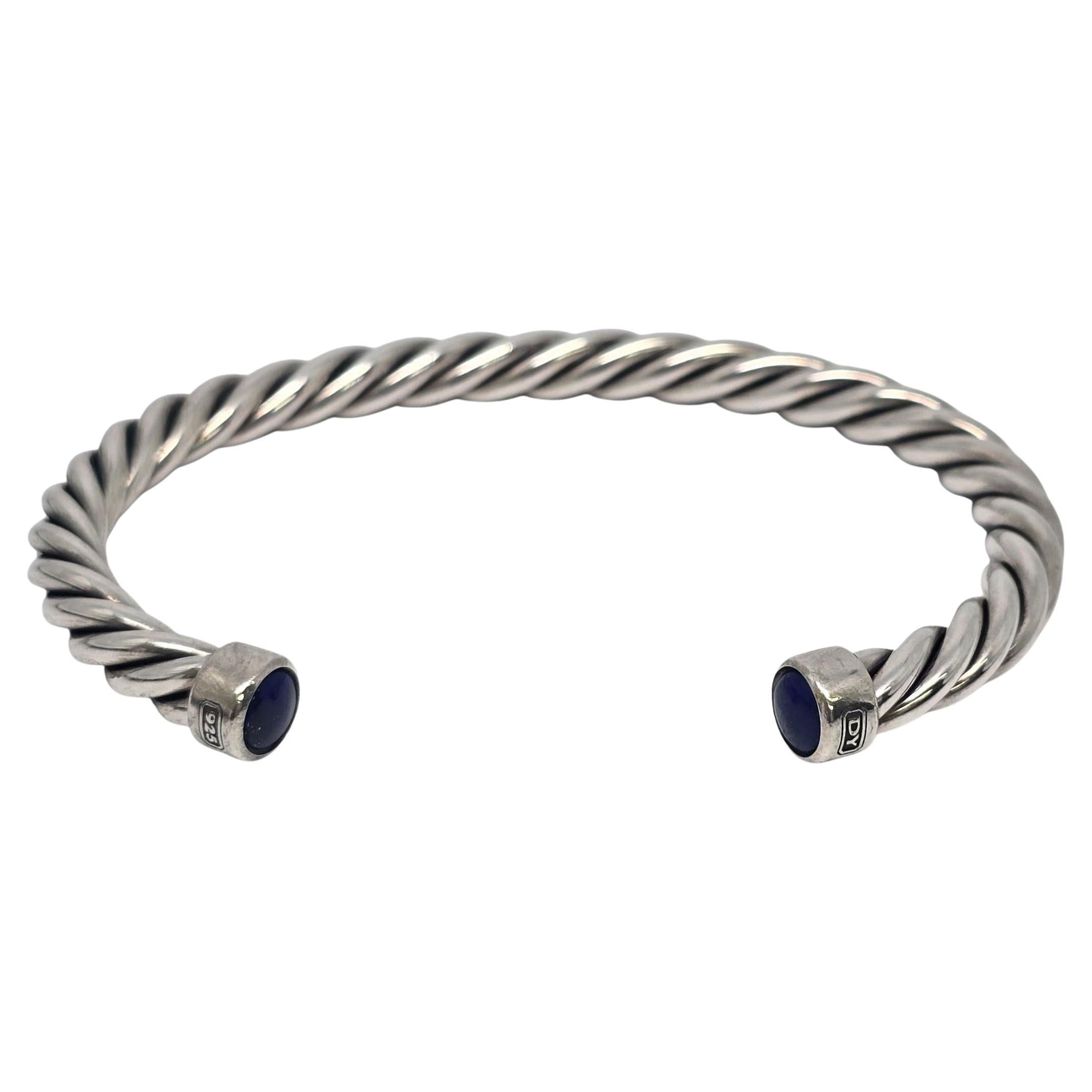 David Yurman Sterling Silver Lapis Lazuli Mens Cable Cuff Bracelet #22234