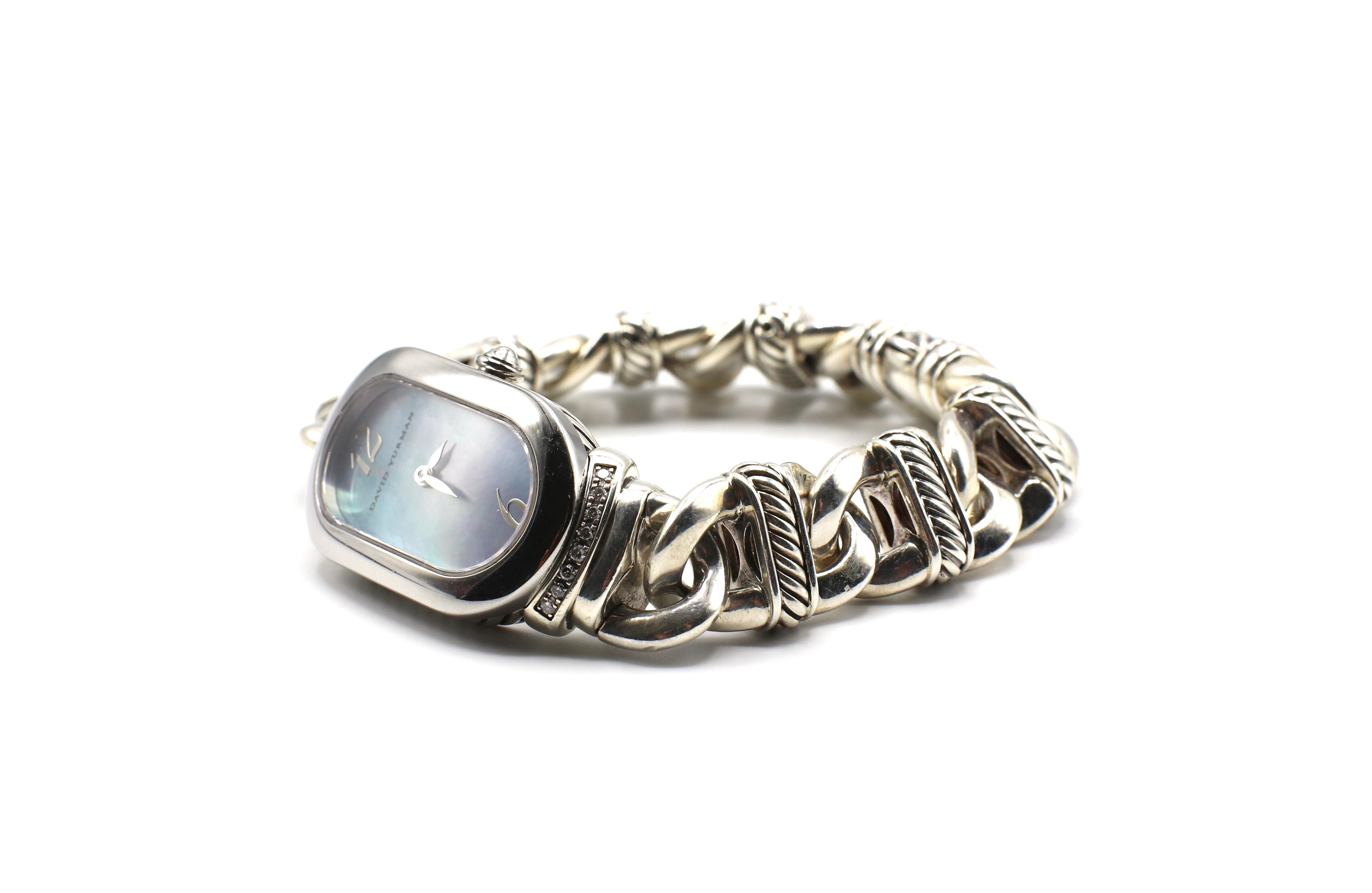 Modern David Yurman Sterling Silver Madison Watch Mother of Pearl Dial, Diamond Accents