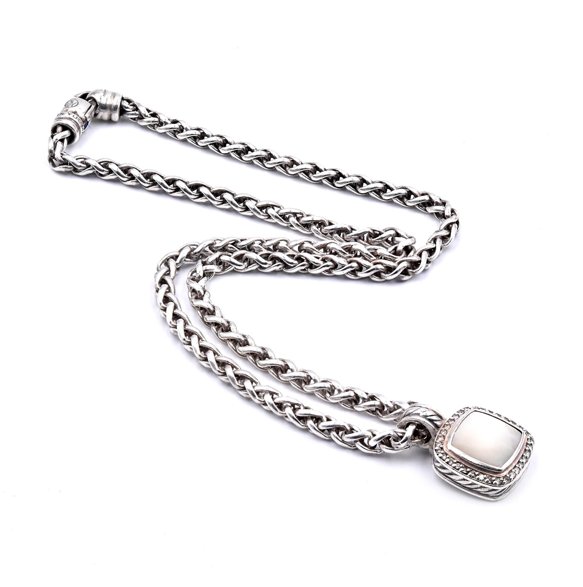 Designer: David Yurman
Material: sterling silver
Diamond: 32 round cut = .52cttw 
Color: G
Clarity: VS1
Weight: 31.23 grams
Measurement: necklace measures 16-inches long
