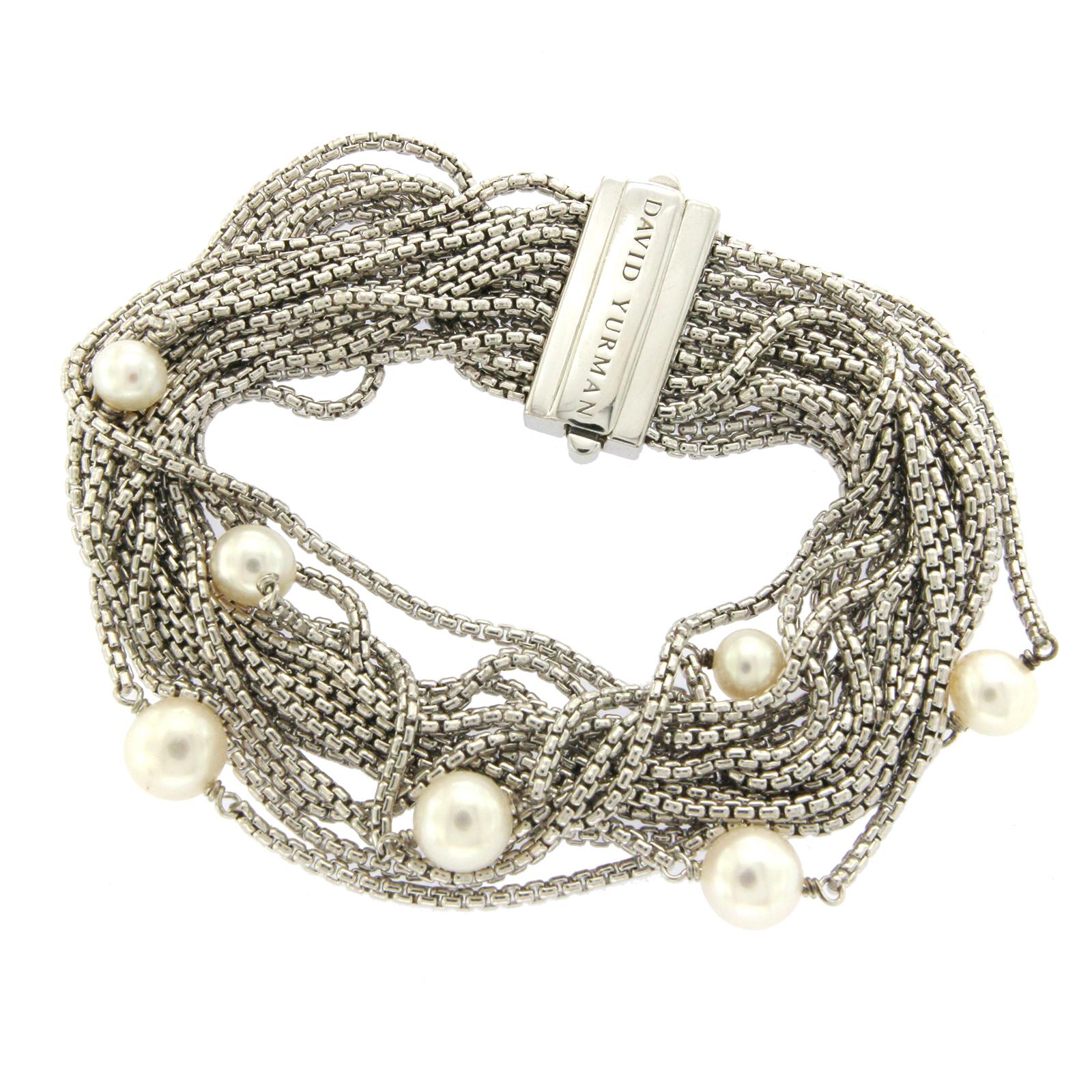 David Yurman Sterling Silver Multi Row Petite Chain Pearl Bracelet