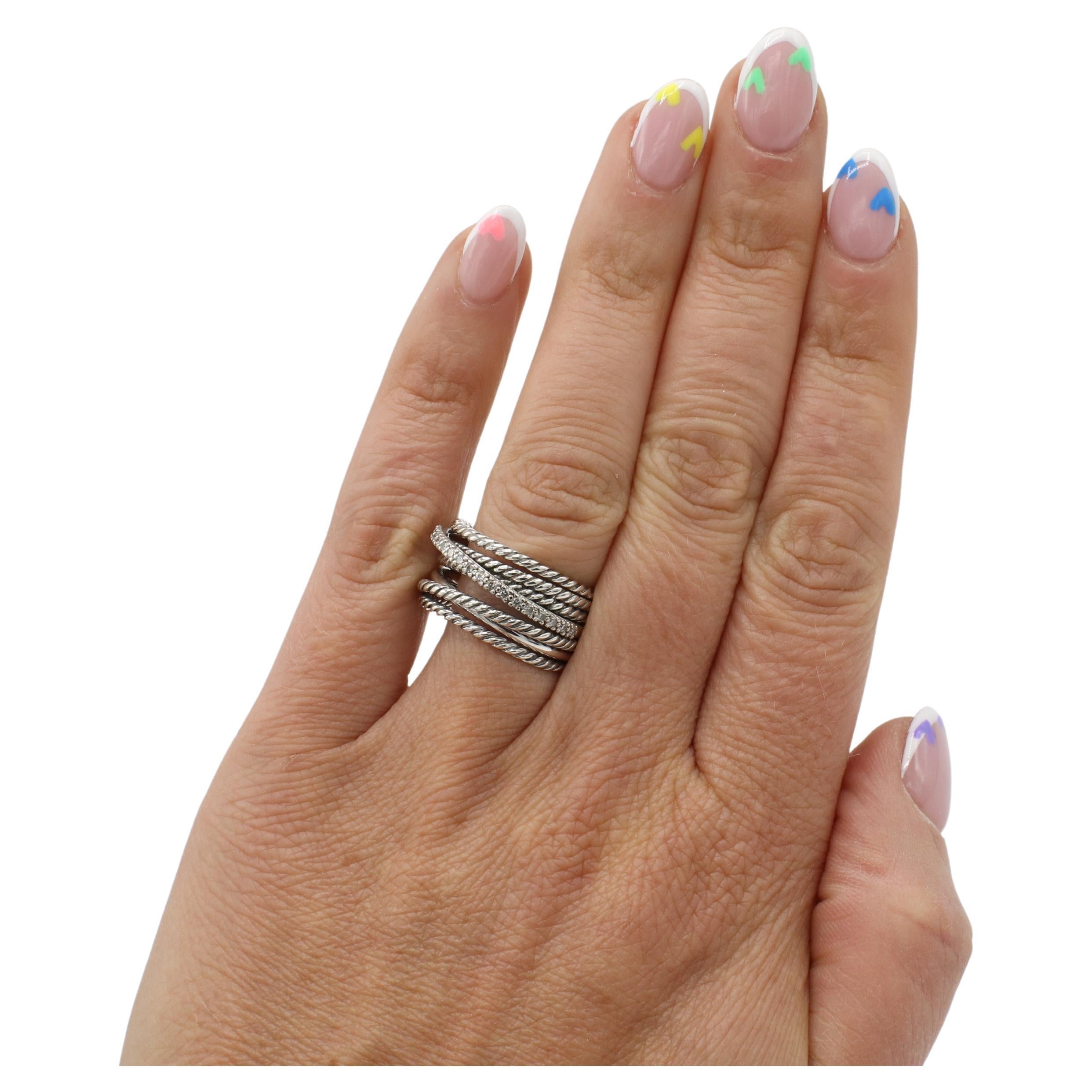 Round Cut David Yurman Sterling Silver & Natural Diamond Crossover Multi-Row Band Ring