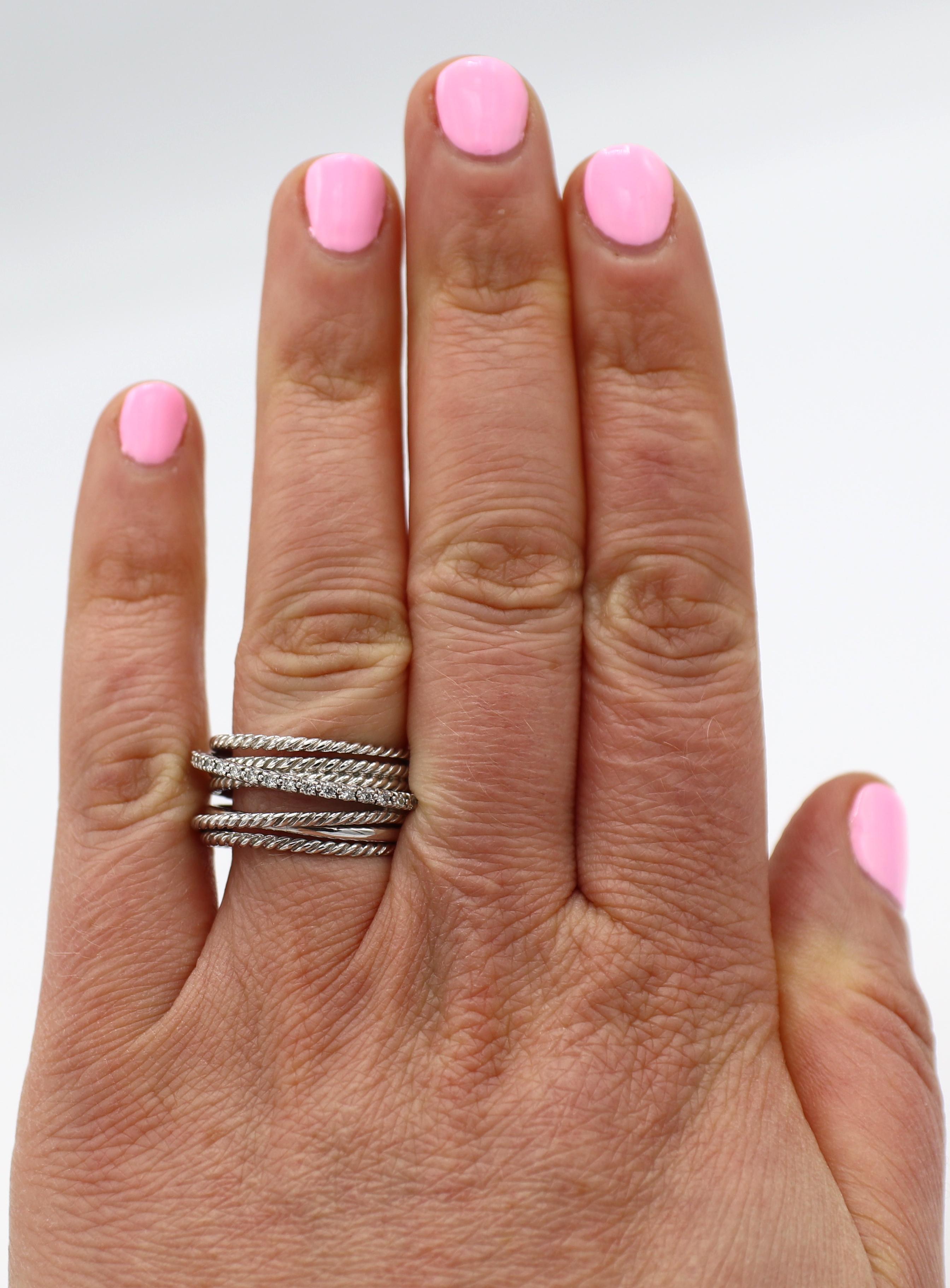 Modern David Yurman Sterling Silver Natural Diamond Multi-Row Crossover Band Ring