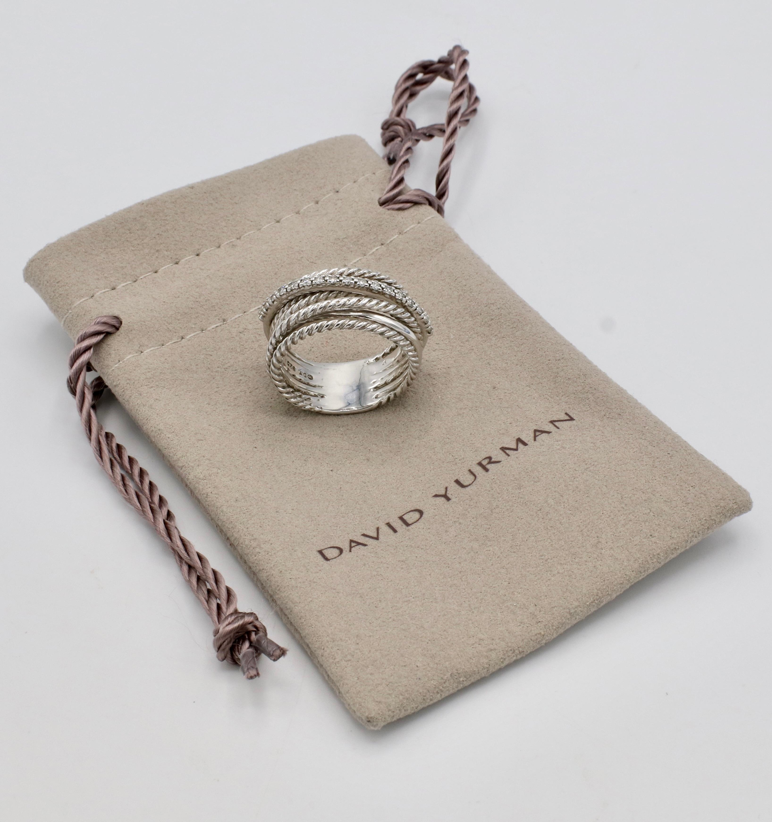Round Cut David Yurman Sterling Silver Natural Diamond Multi-Row Crossover Band Ring