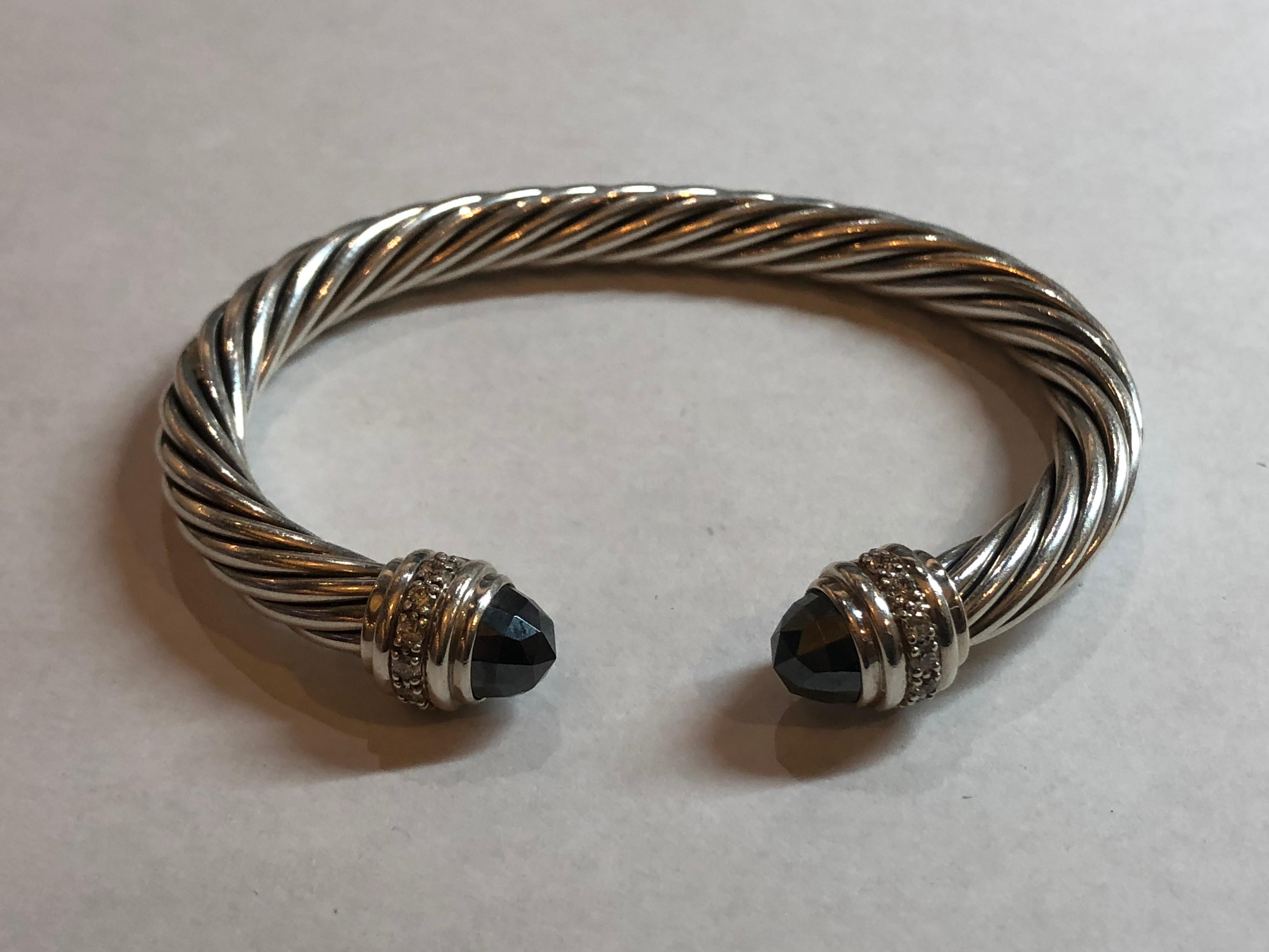 Modern David Yurman Sterling Silver Onyx and Diamond Cable Bracelet