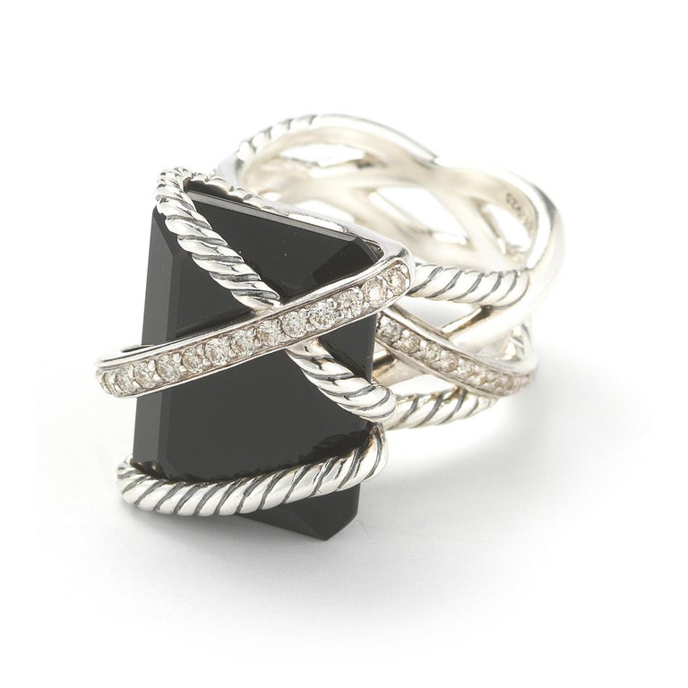David Yurman Sterling Silver, Onyx and Diamond Cable Wrap Ring For Sale