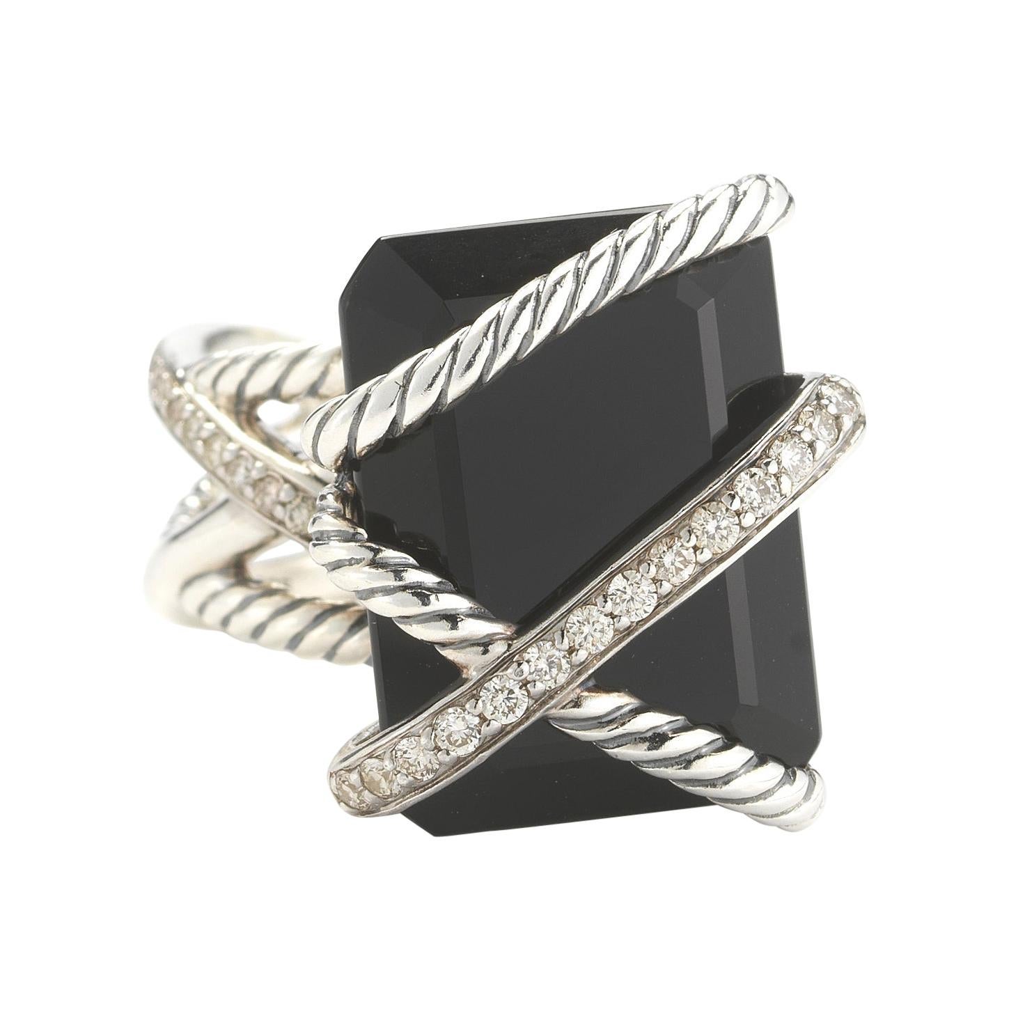 David Yurman Sterling Silver, Onyx and Diamond Cable Wrap Ring
