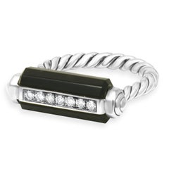 David Yurman Sterling Silver Onyx and Round Diamond Lexington Barrel Ring
