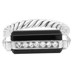 David Yurman Sterling Silver Onyx and Round Diamond Lexington Barrel Ring