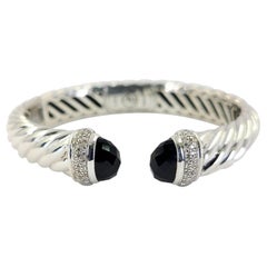 David Yurman Sterling Silver, Onyx, & Diamond Hinged Cuff Bracelet