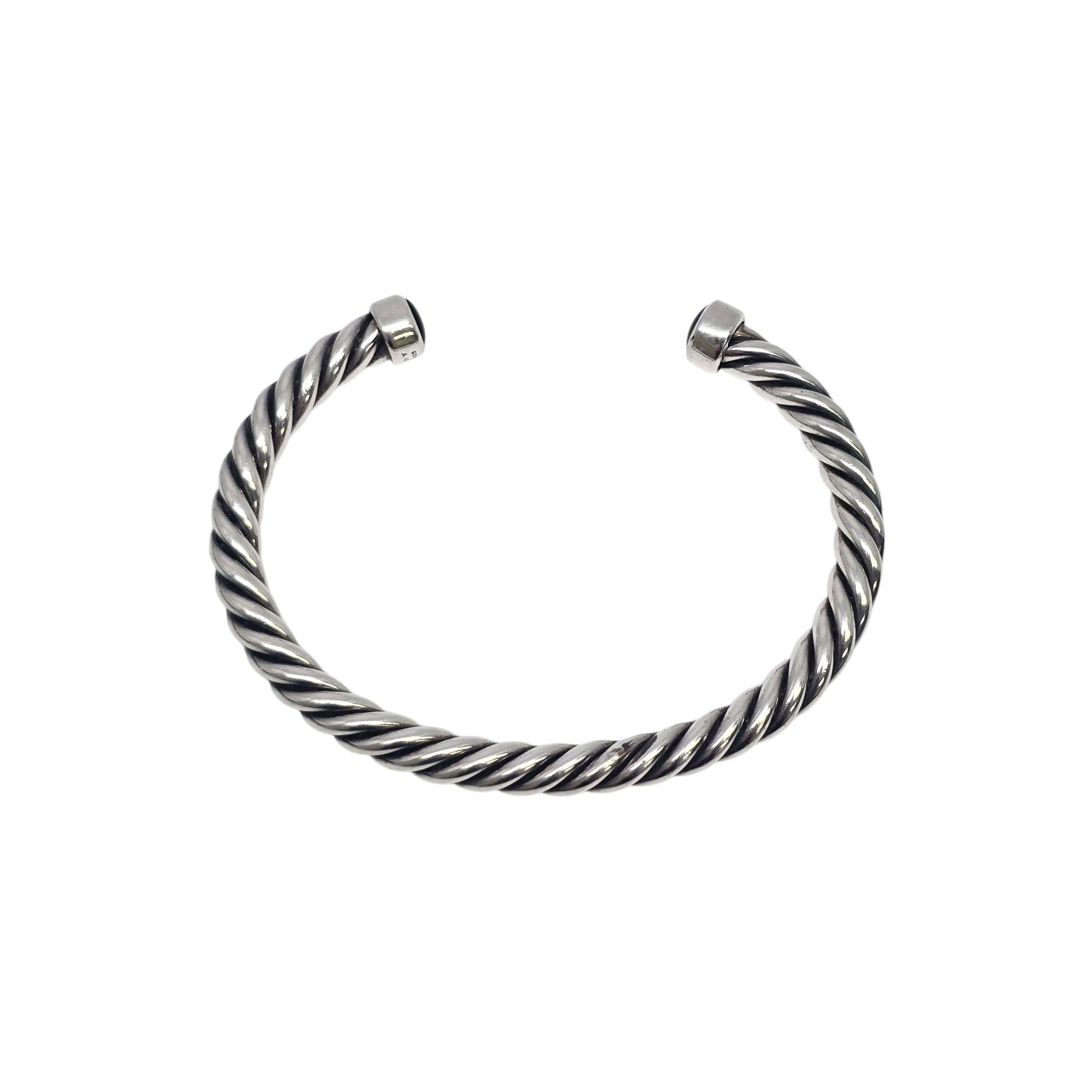 Men's David Yurman Sterling Silver Onyx Mens Cable Cuff Bracelet #22235 For Sale