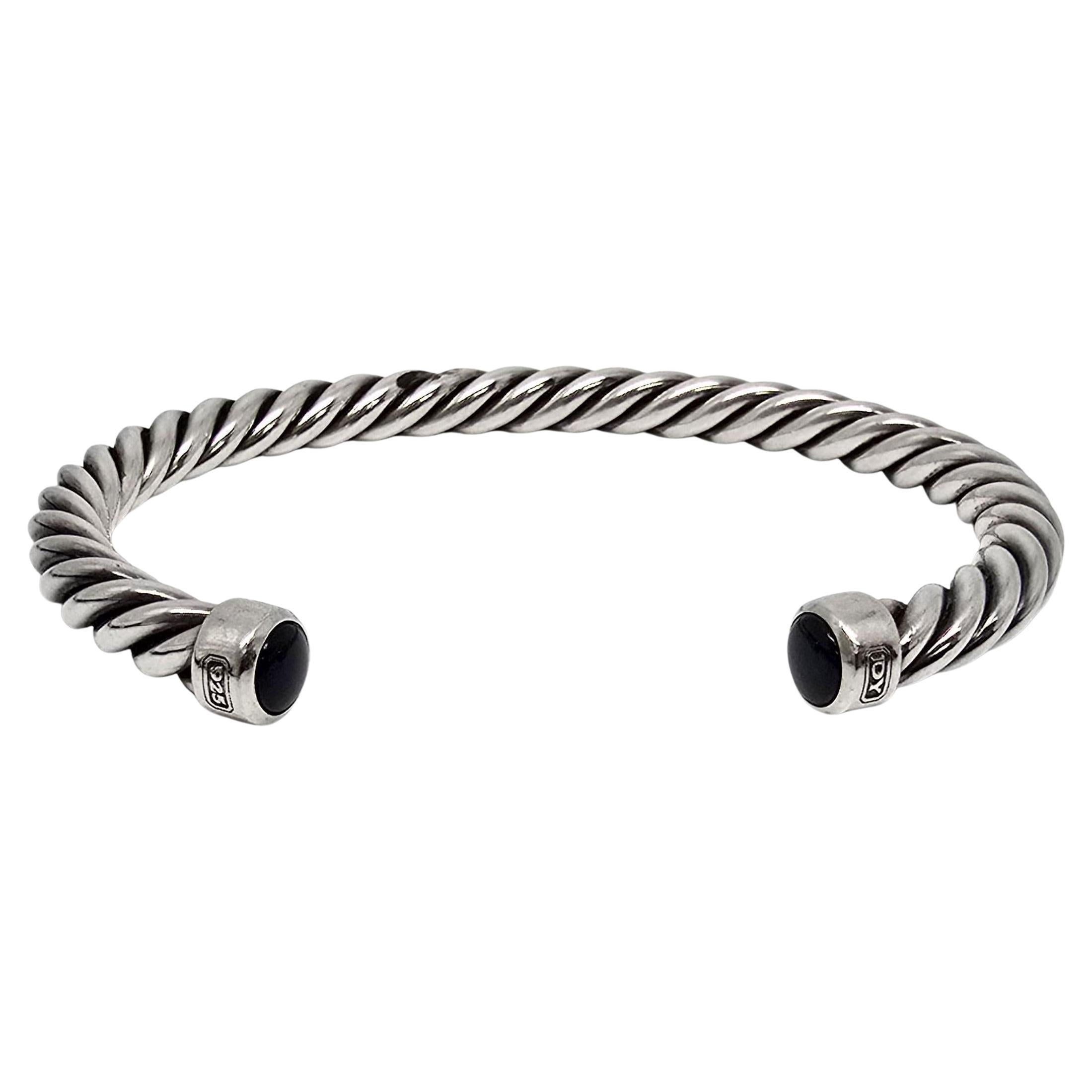 David Yurman Sterling Silver Onyx Mens Cable Cuff Bracelet #22235