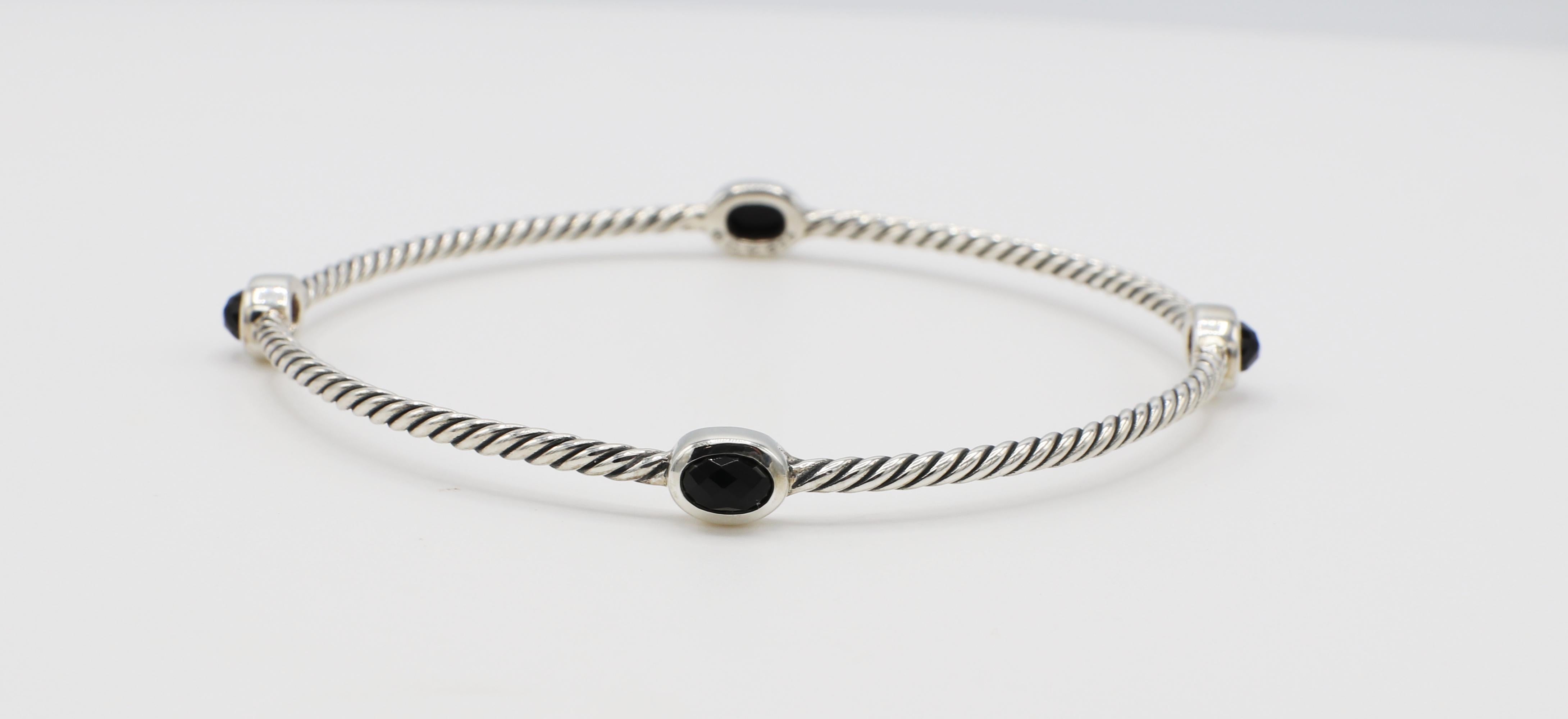 David Yurman Sterling Silber & Onyx Station Kabel Armreif Armband (Moderne)