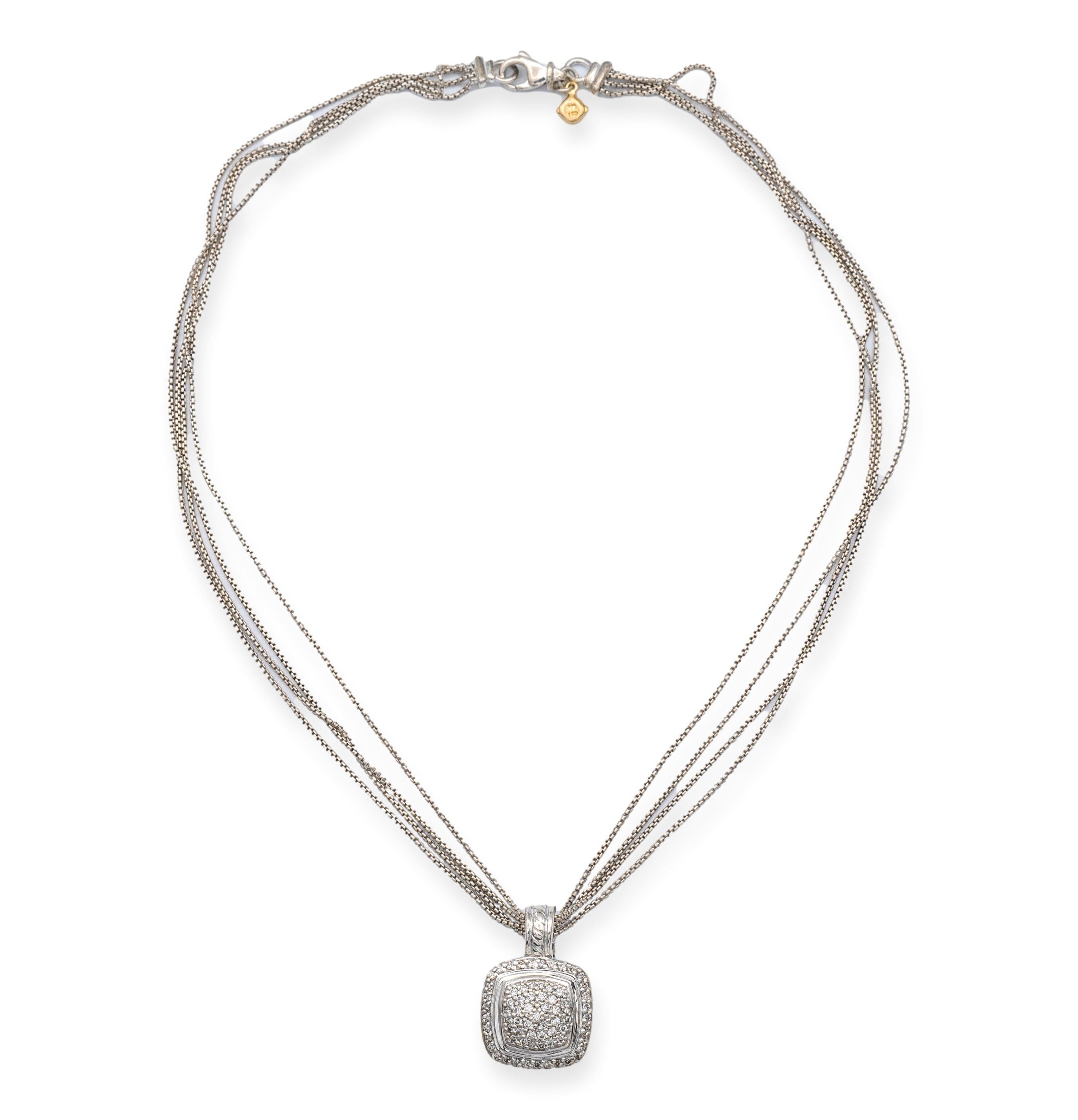 David Yurman is a high-end jewelry brand known for its luxury designs. The Albion Pave Diamond style is a piece from their collection, made of sterling silver with a weight of 14.5 grams and a length of 16 inches. The piece is hallmarked with 