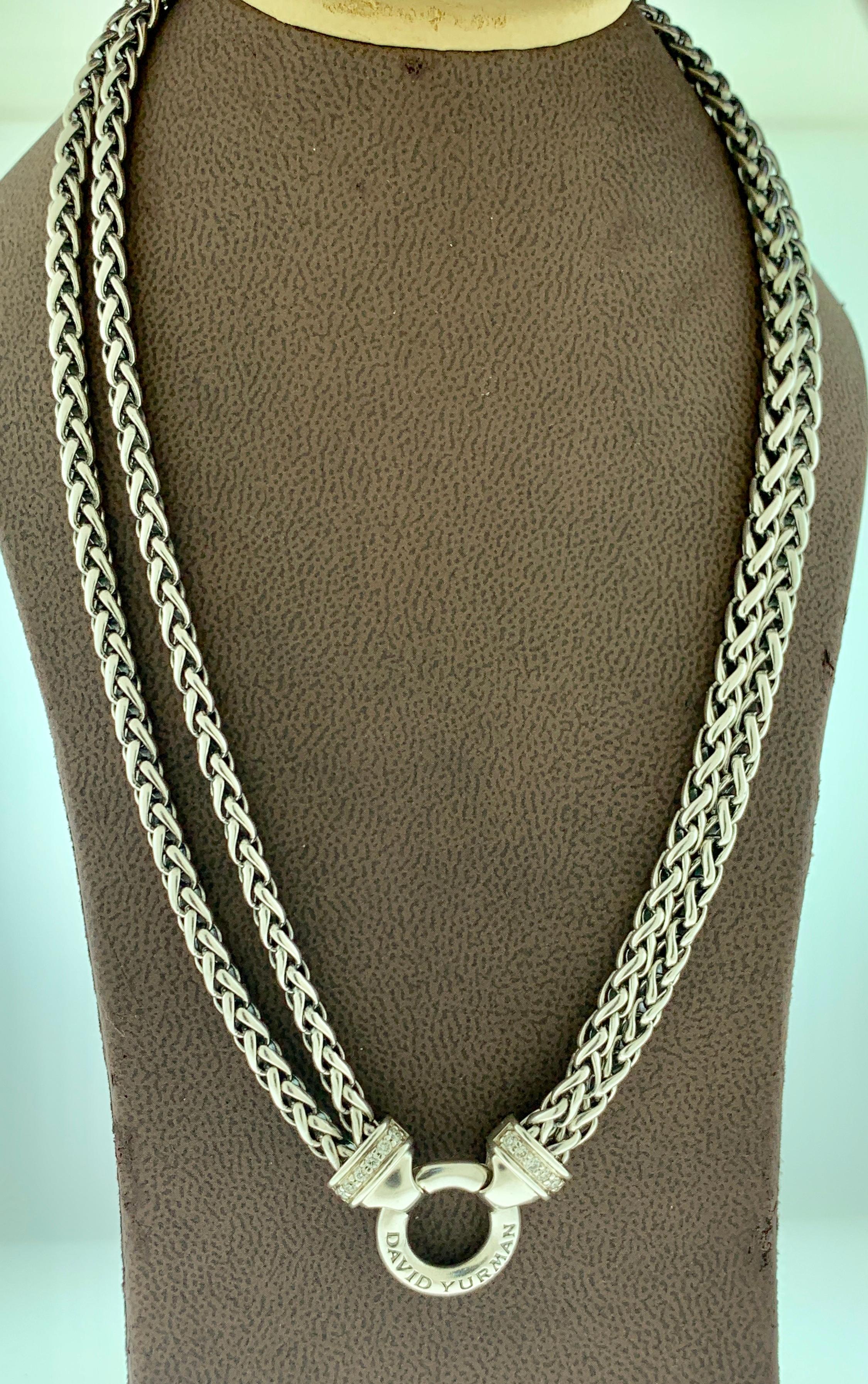 David Yurman Sterling Silver Pave Diamond Double Wheat Chain Necklace In Excellent Condition In New York, NY