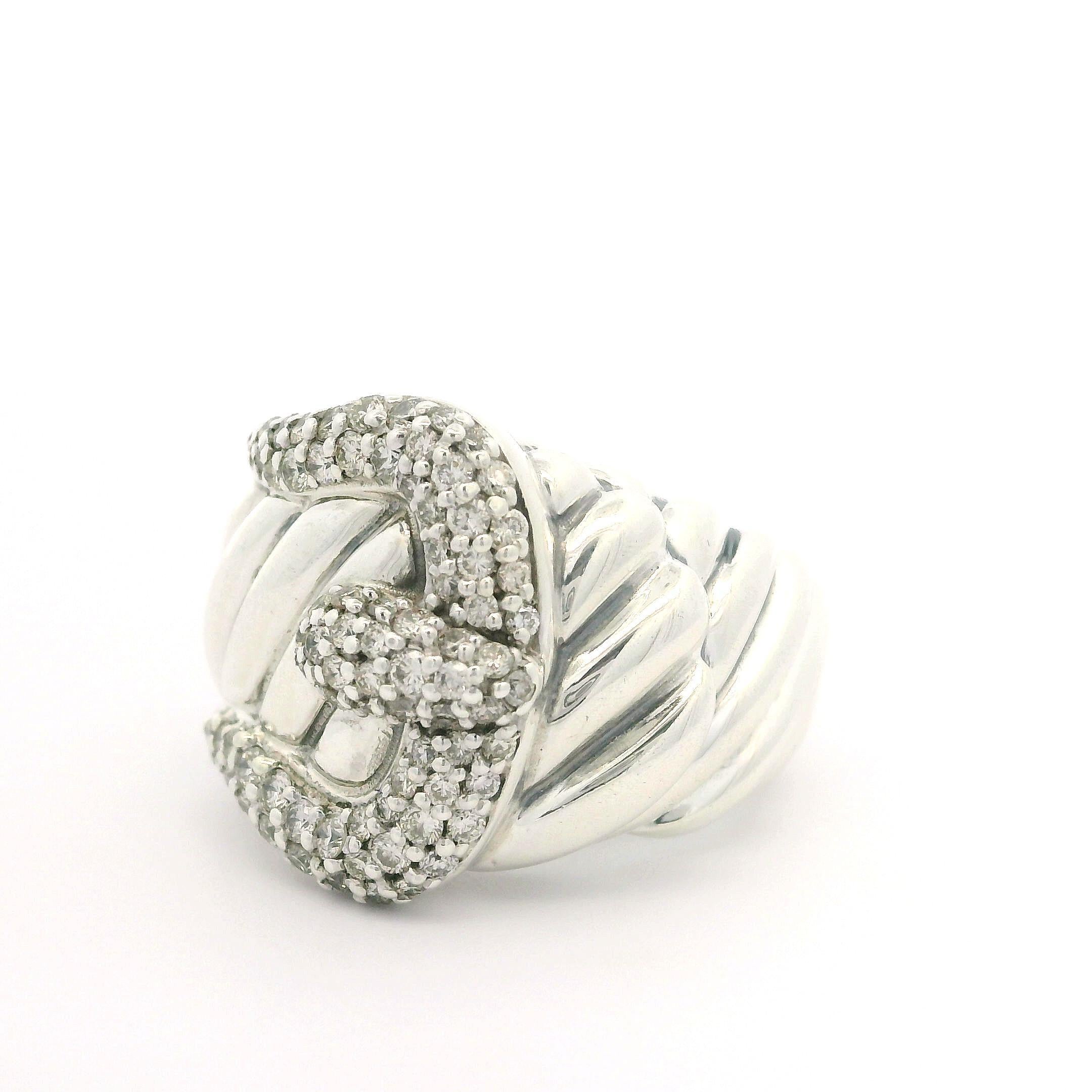 David Yurman Sterling Silver Pave Set Fiery Diamond Cable Buckle Band Ring 5.5 In Excellent Condition For Sale In Montclair, NJ