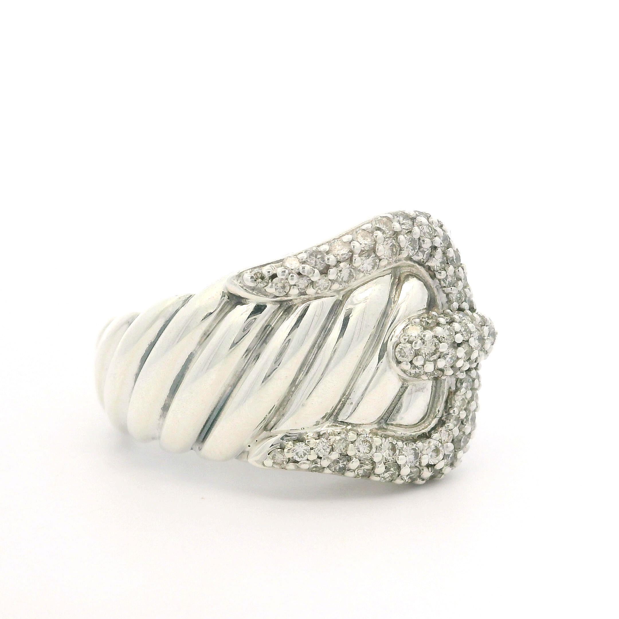 David Yurman Sterling Silver Pave Set Fiery Diamond Cable Buckle Band Ring 5.5 For Sale 1