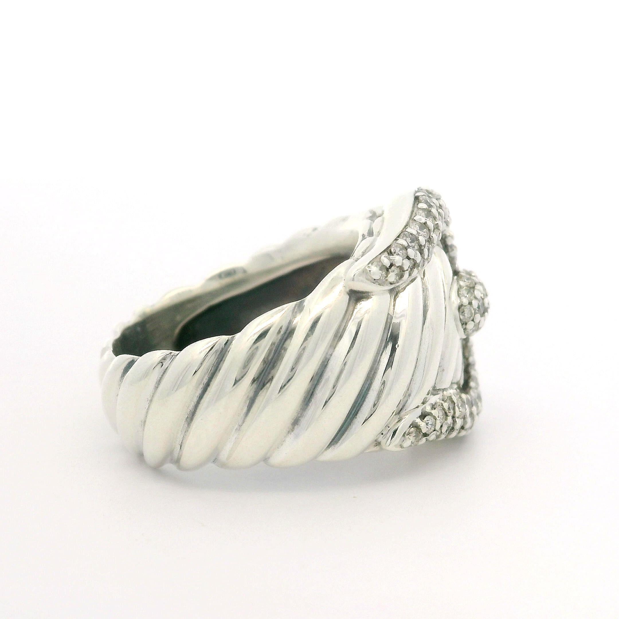 David Yurman Sterling Silver Pave Set Fiery Diamond Cable Buckle Band Ring 5.5 For Sale 2