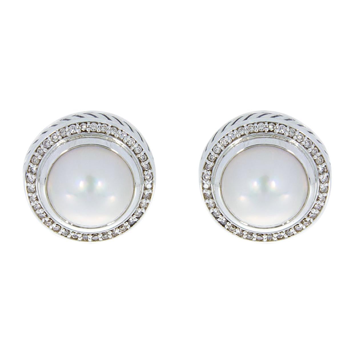 David Yurman Sterling Silver Pearl and Diamond Cerise Clip Earrings