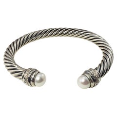 David Yurman Sterling Silver Pearl and Diamond Cuff Bracelet