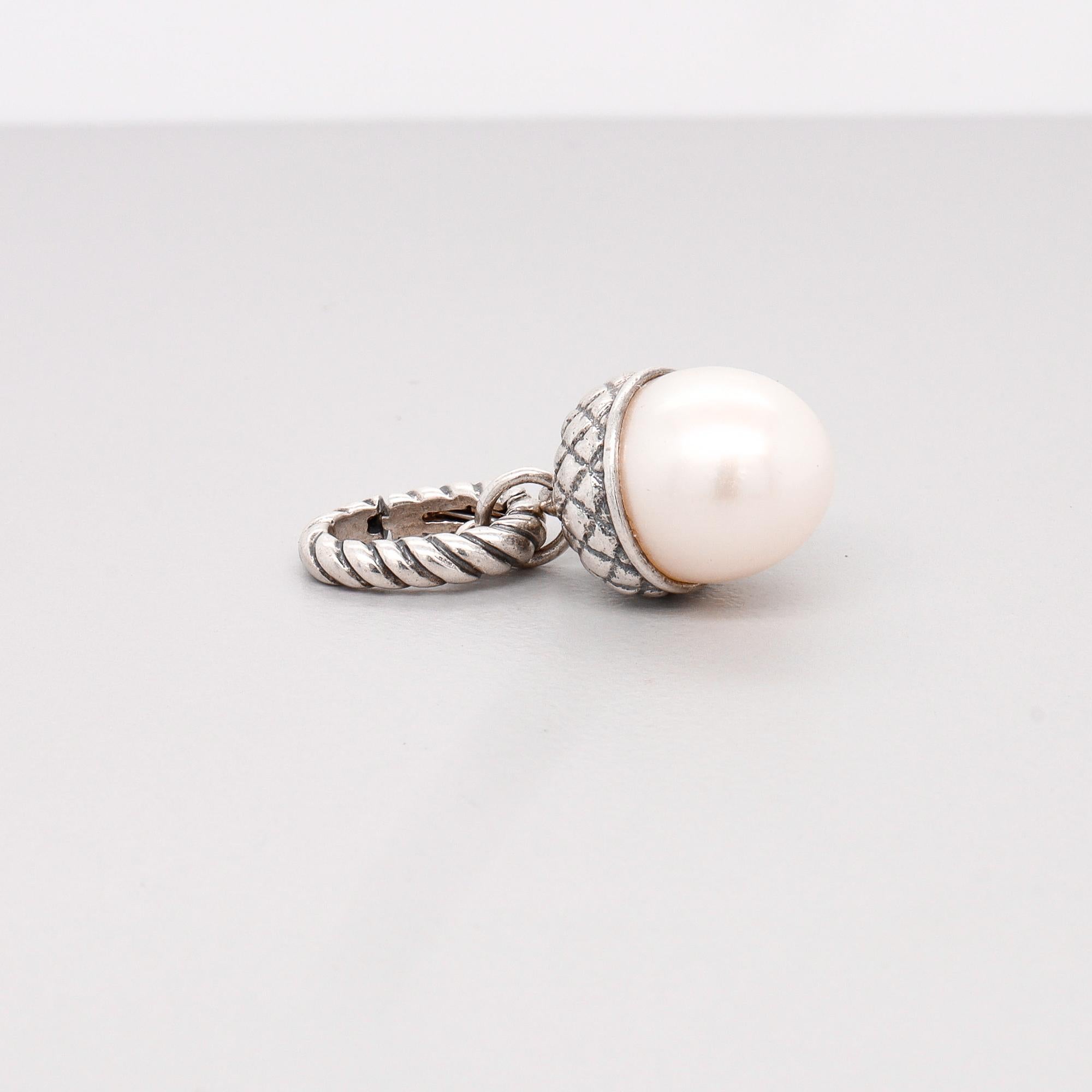 David Yurman Sterling Silver & Pearl Figural Acorn Pendant Enhancer For Sale 5