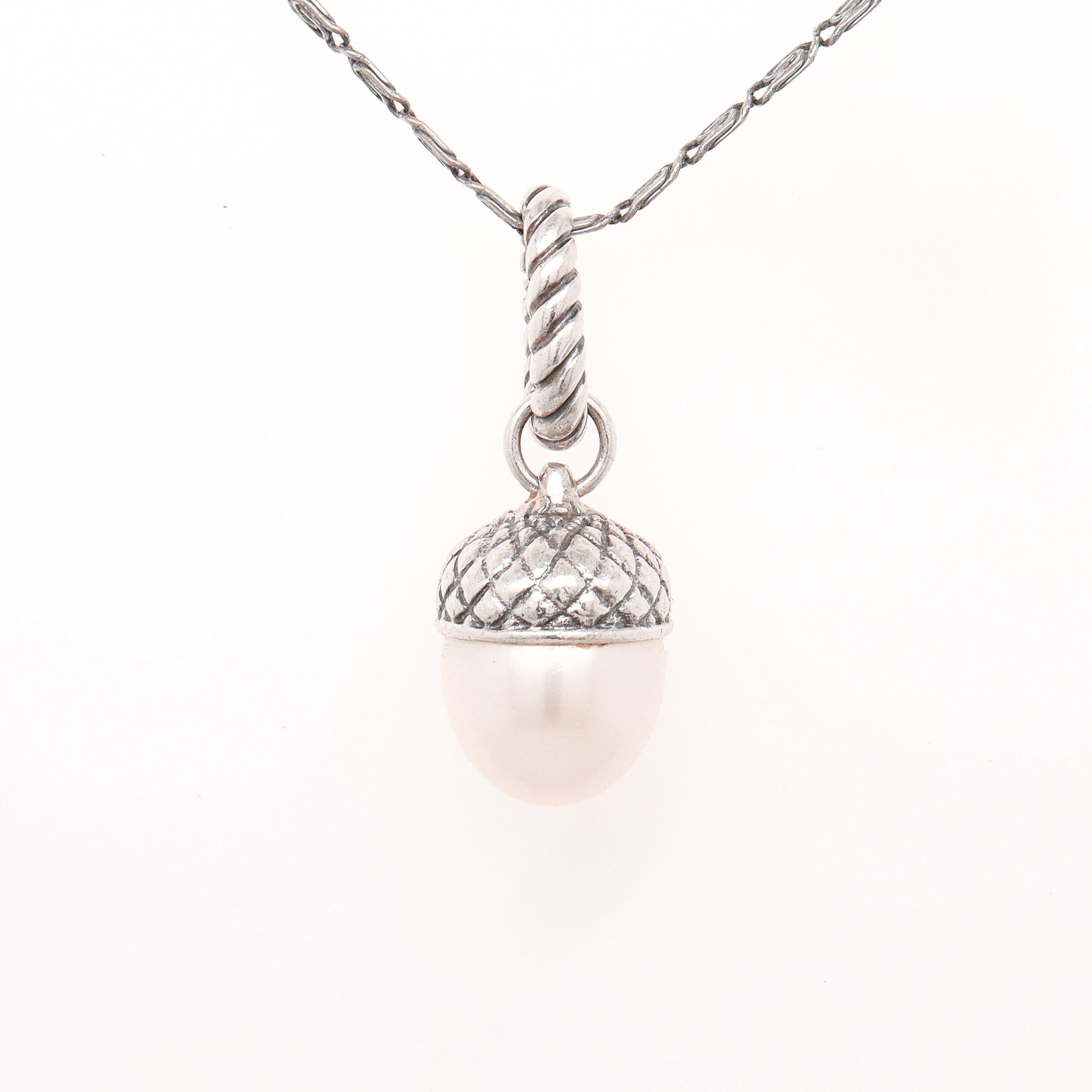 Uncut David Yurman Sterling Silver & Pearl Figural Acorn Pendant Enhancer For Sale