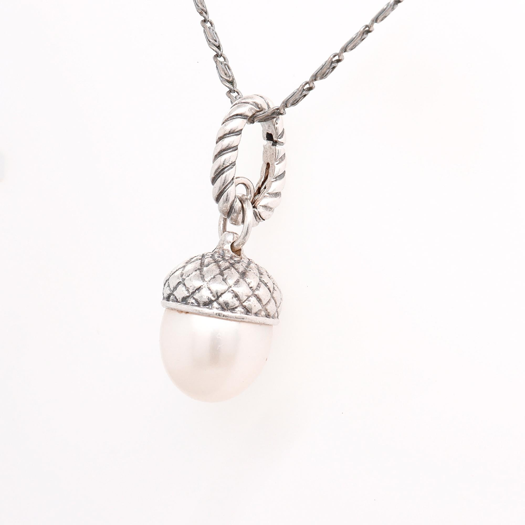 David Yurman Sterling Silver & Pearl Figural Acorn Pendant Enhancer In Good Condition For Sale In Philadelphia, PA