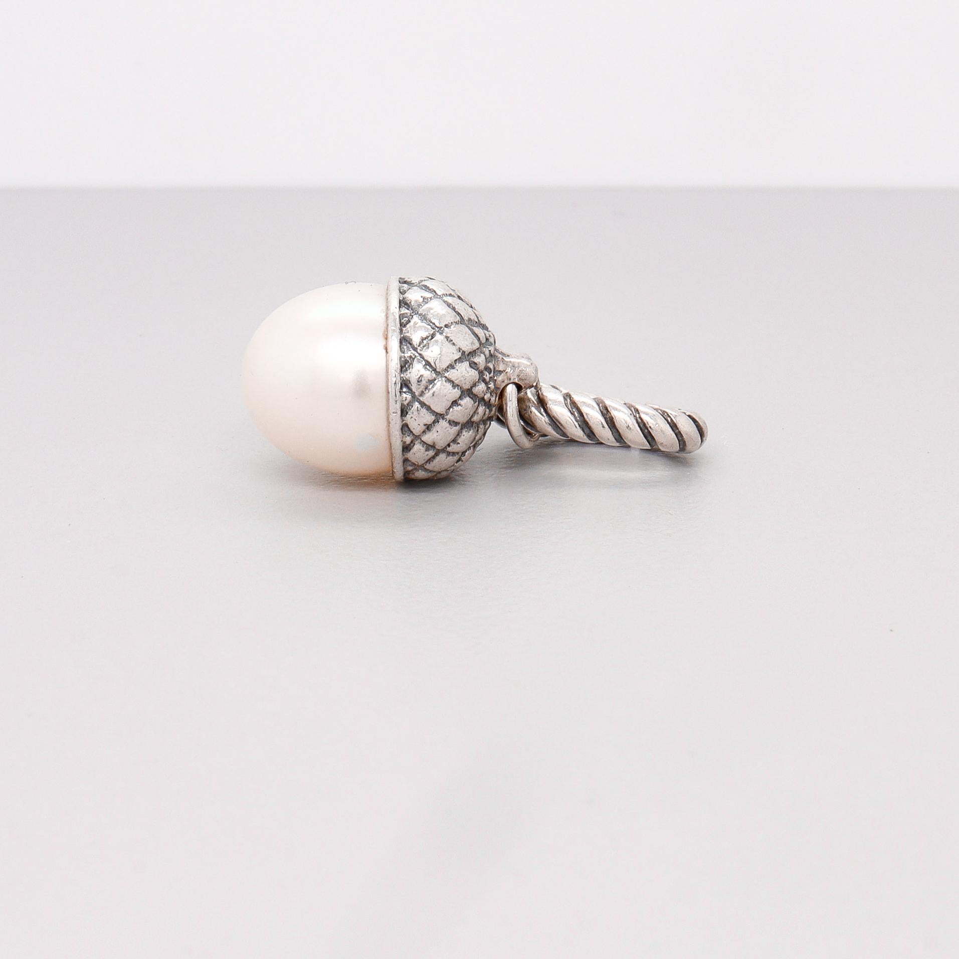 David Yurman Sterling Silver & Pearl Figural Acorn Pendant Enhancer For Sale 2