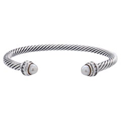 Vintage David Yurman Sterling Silver Pearls and Diamonds Cable Bracelet 5mm Large Size