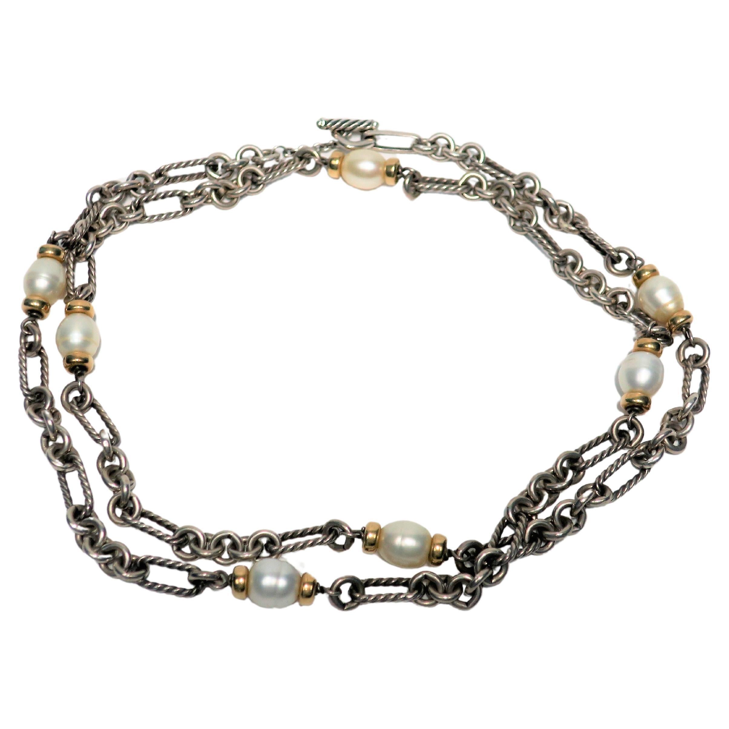 David Yurman Sterling Silver, Pearls and Gold Figaro Necklace