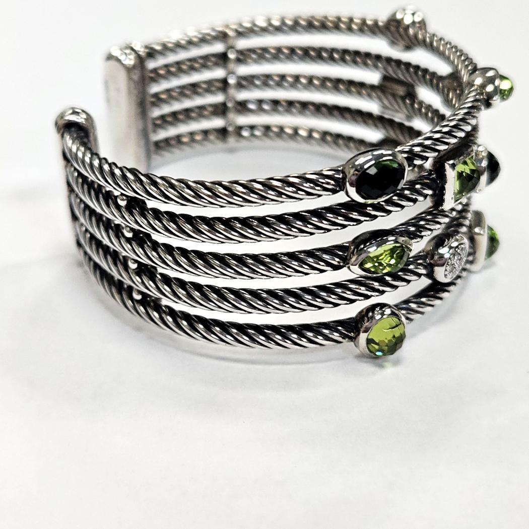 Modern David Yurman Sterling Silver & Peridot Confetti Bracelet with Diamonds – 5-Row For Sale