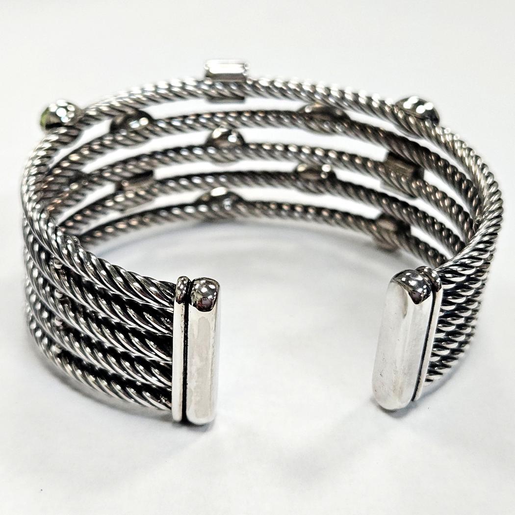 Round Cut David Yurman Sterling Silver & Peridot Confetti Bracelet with Diamonds – 5-Row For Sale