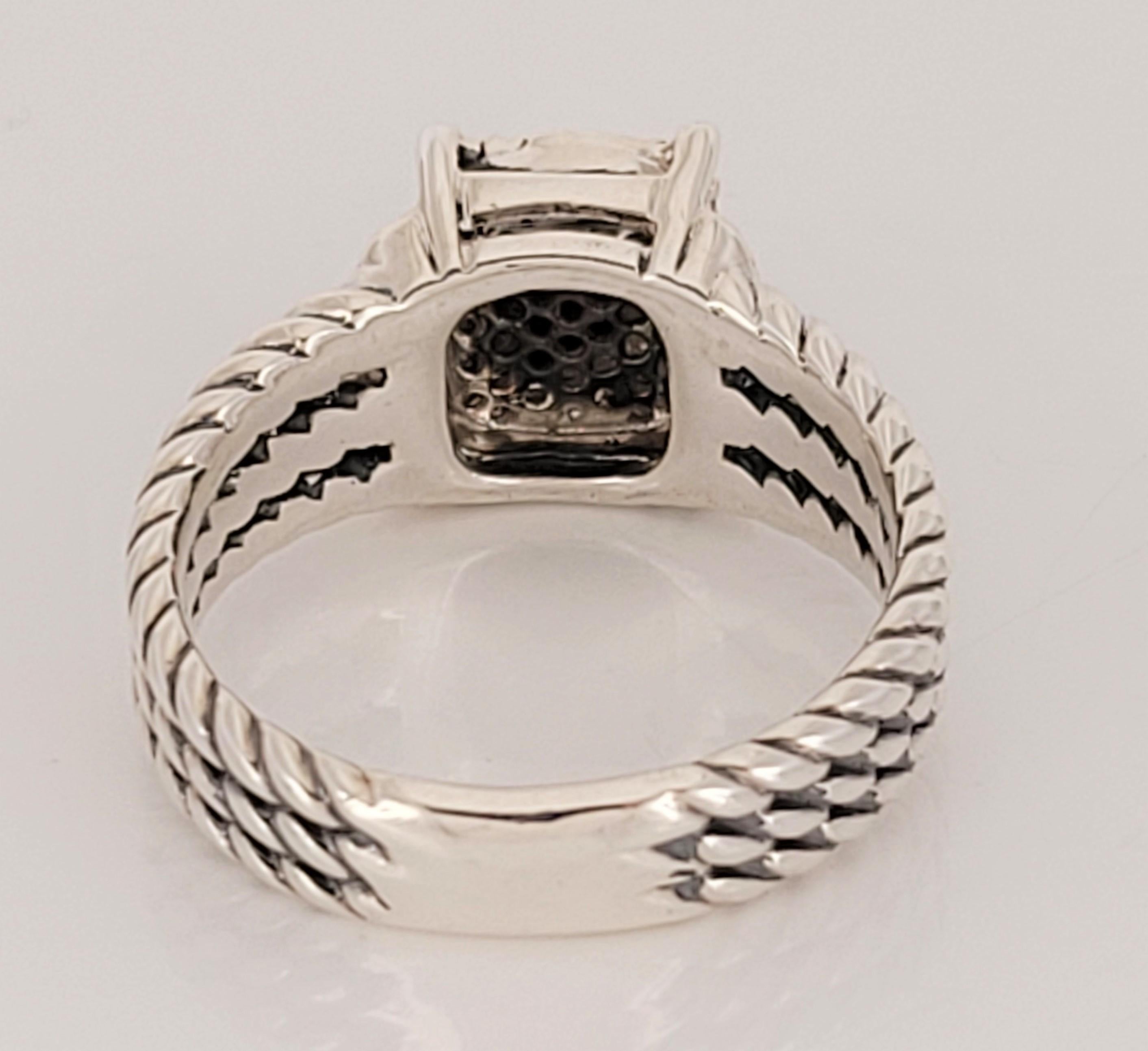 Round Cut David Yurman Sterling Silver Petite Wheaton Pave Diamond Ring Size 7 For Sale