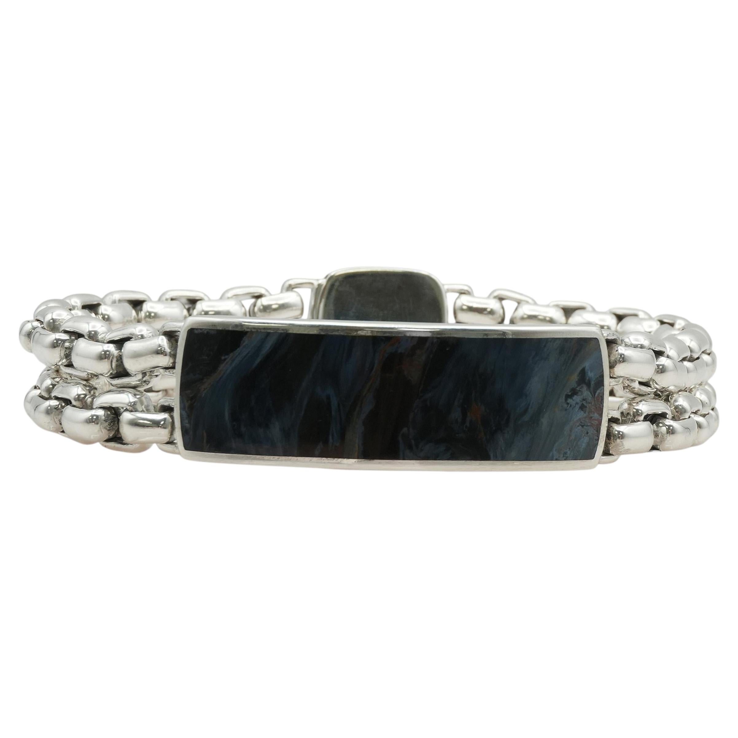 Pre-owned David Yurman Sterling Silver & Pietersite Id Double Box Chain Bracelet In Multiple