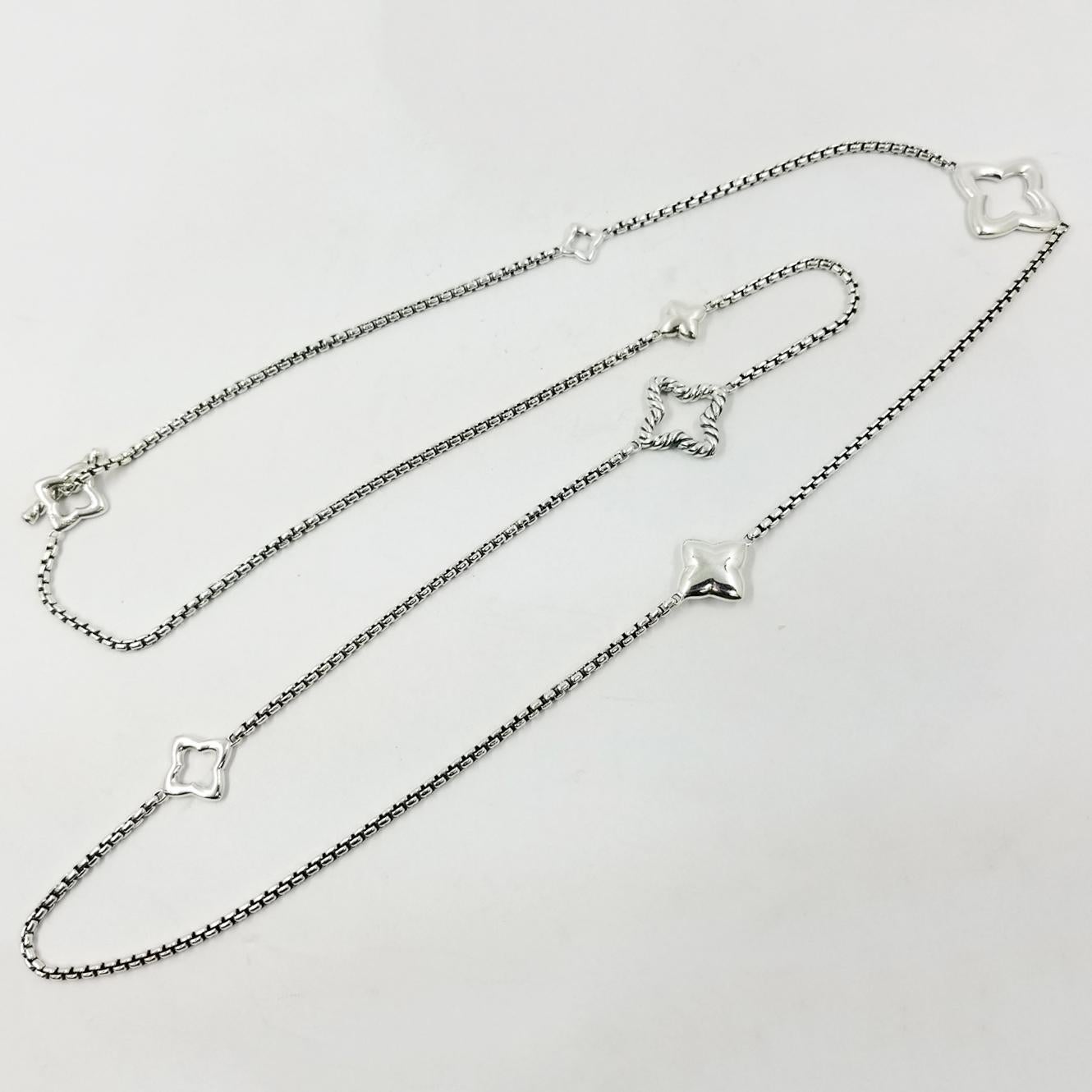 David Yurman Sterling Silver 36 Inch Long Necklace from the Quatrefoil Collection. Original MSRP $700. Toggle Clasp. Professionally Cleaned and Polished. Comes With Yurman Travel Pouch.