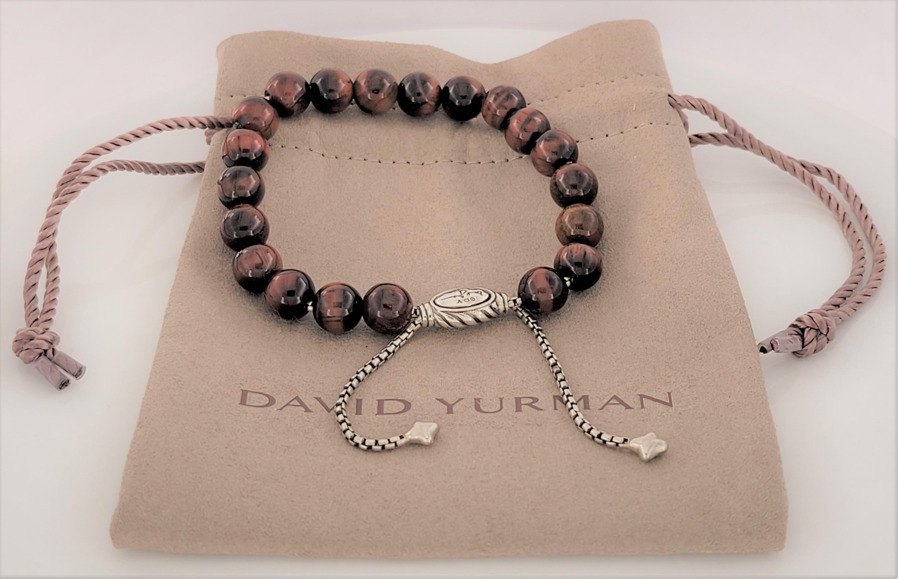Taille ronde David Yurman, bracelet de perles spirituelles en argent sterling rouge œil de tigre 8 mm en vente