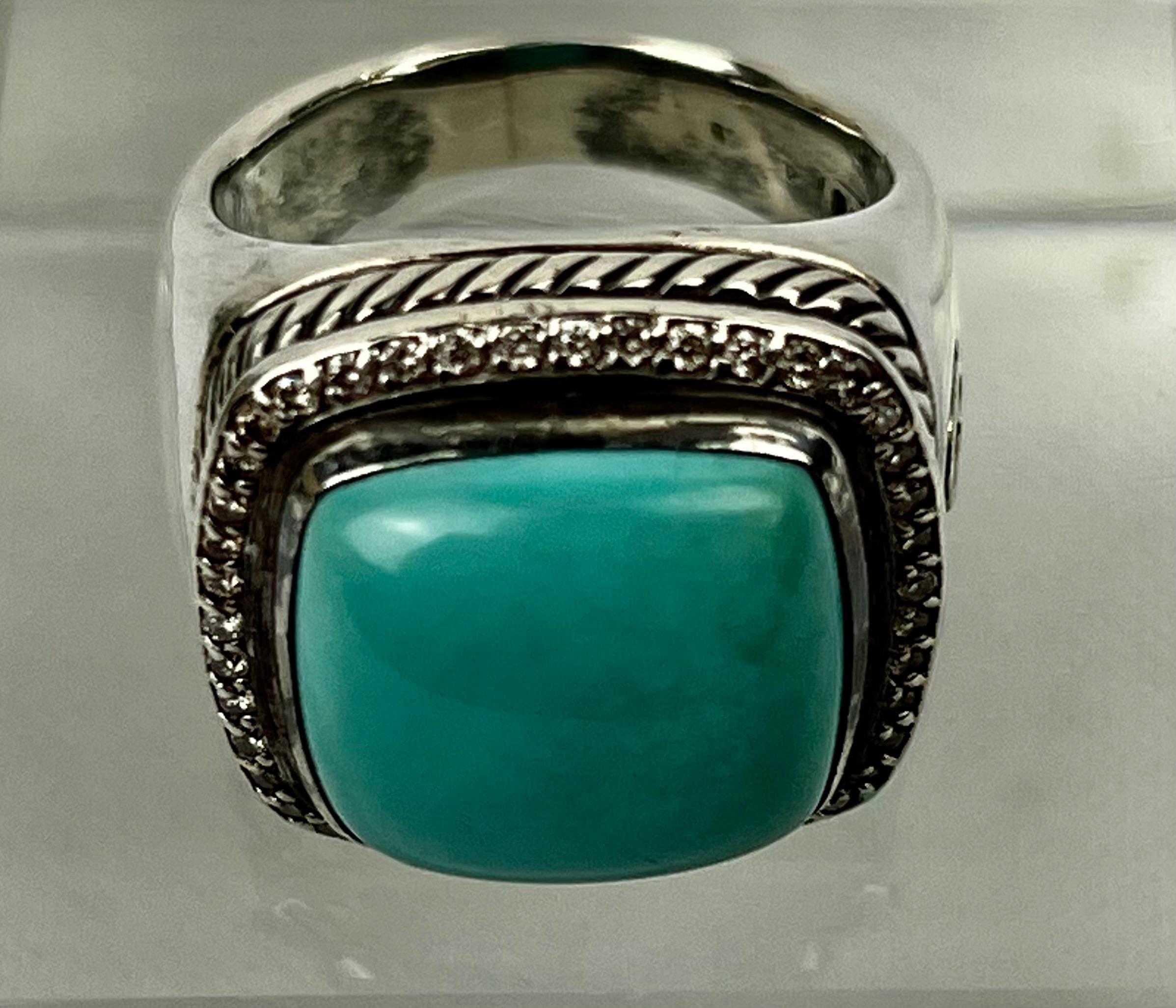 David Yurman's Albion Sterling Silver Ring with Square Cabochon Turquoise Stone In Good Condition In West Palm Beach, FL